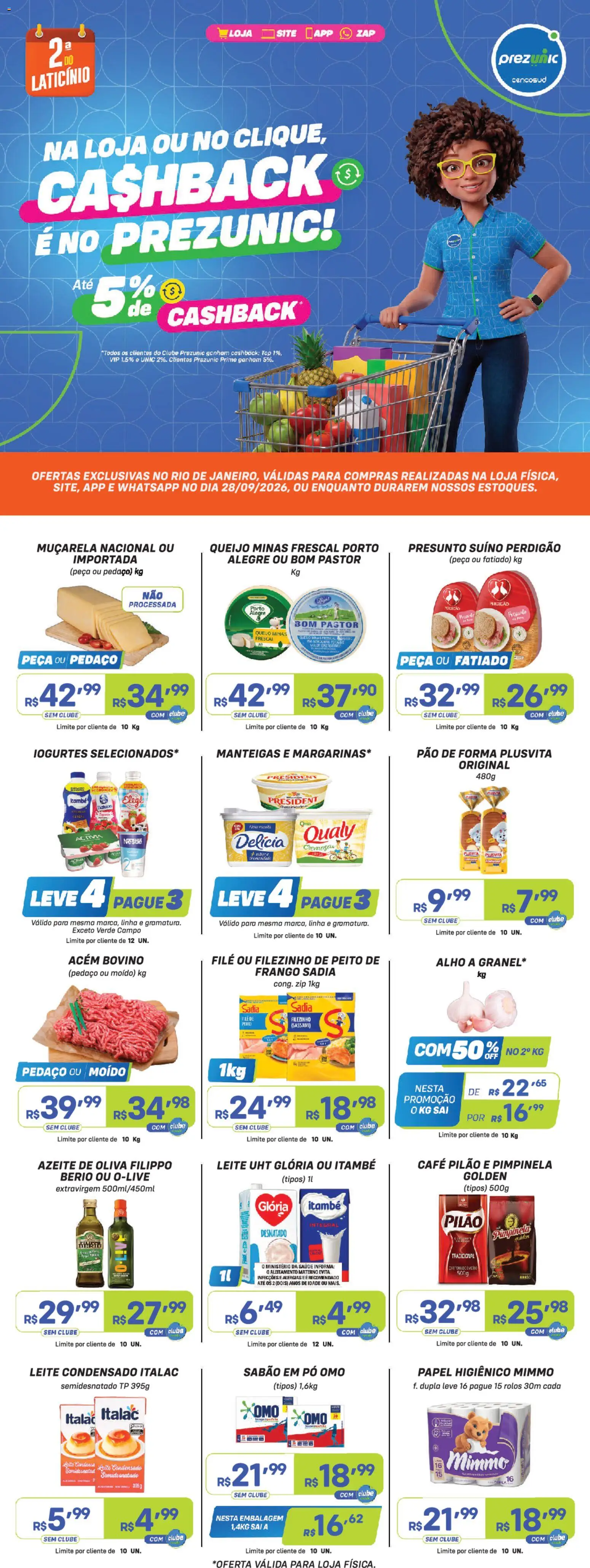 Pré-Visualização do folheto "Prezunic ofertas" da loja Prezunic válido a partir de 28/09/2026 - Pão, Leite, Azeite, Pão de forma, Papel higiênico, Pó, Muçarela, Sabão em pó omo