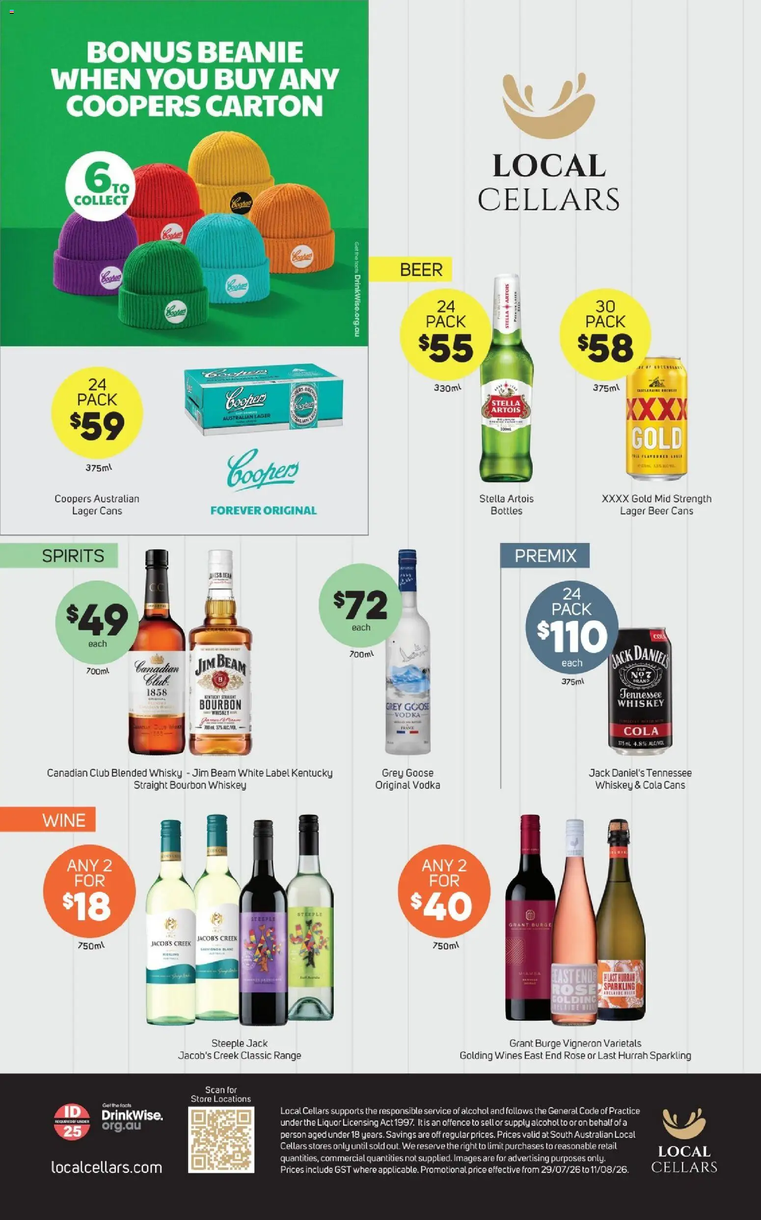 Preview of catalogue Foodland Local cellars from shop Foodland valid 29/07/2026 - Jim Beam, Grey Goose, Alcohol, Beer, Bourbon, Vodka, Goose, Jack Daniel’s