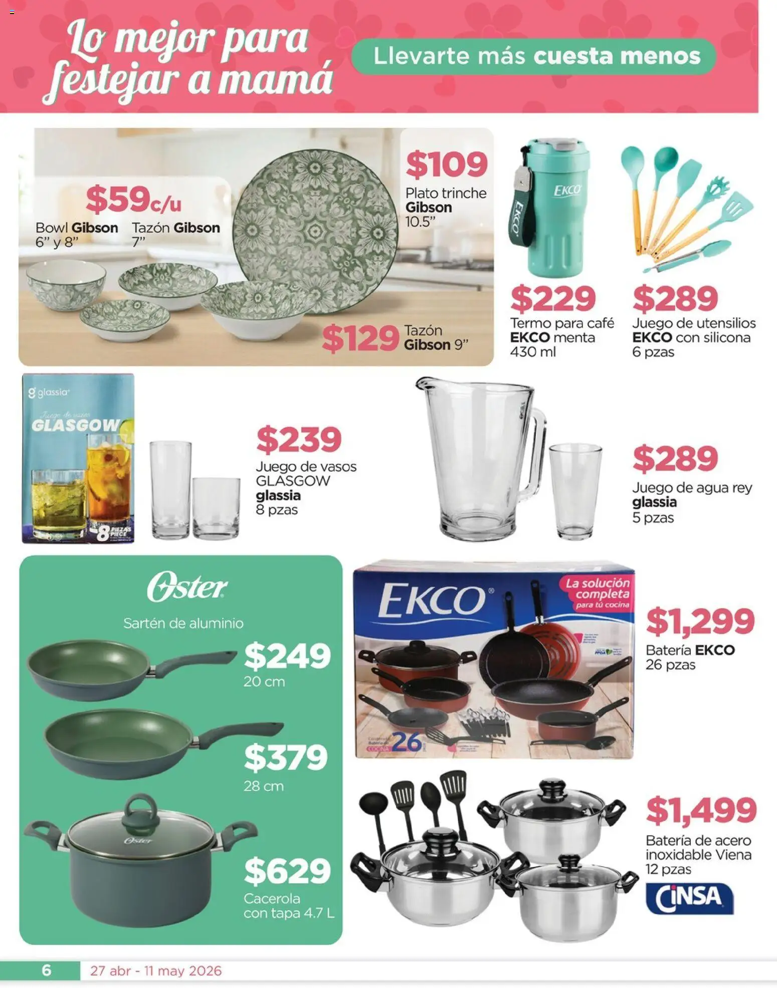 Vista previa las ofertas de la tienda Chedraui - Chedraui folleto Mejor para festejar a mamá desde el 27/04/2026 - Juego, Café, Agua, Batería, Termo, Sartén, Bowl, Vasos