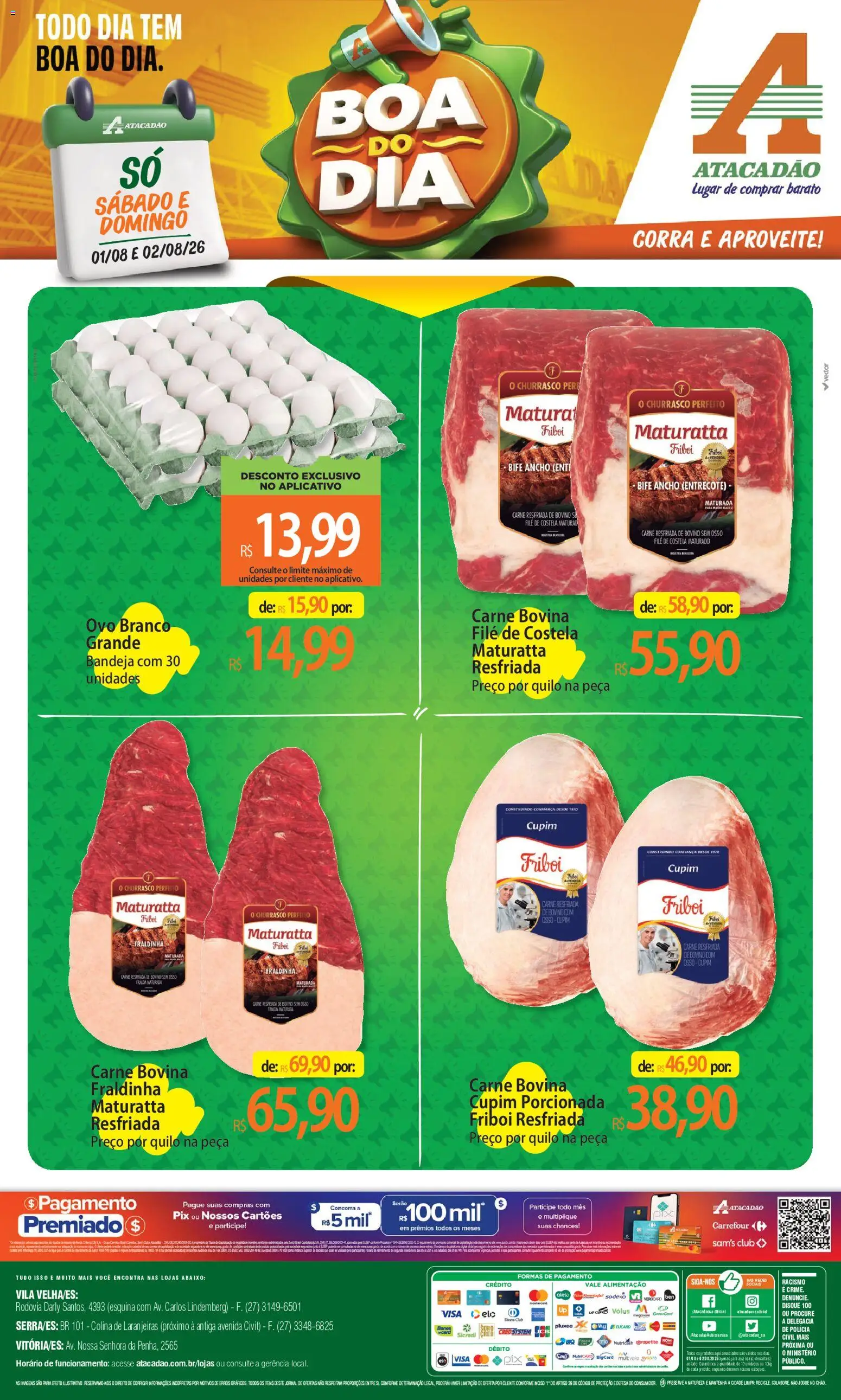 Pré-Visualização do folheto "Atacadão ofertas - ES" da loja Atacadão válido a partir de 01/08/2026 - Carne, Bife ancho, Fraldinha, Bandeja, Carne bovina, Filé de costela