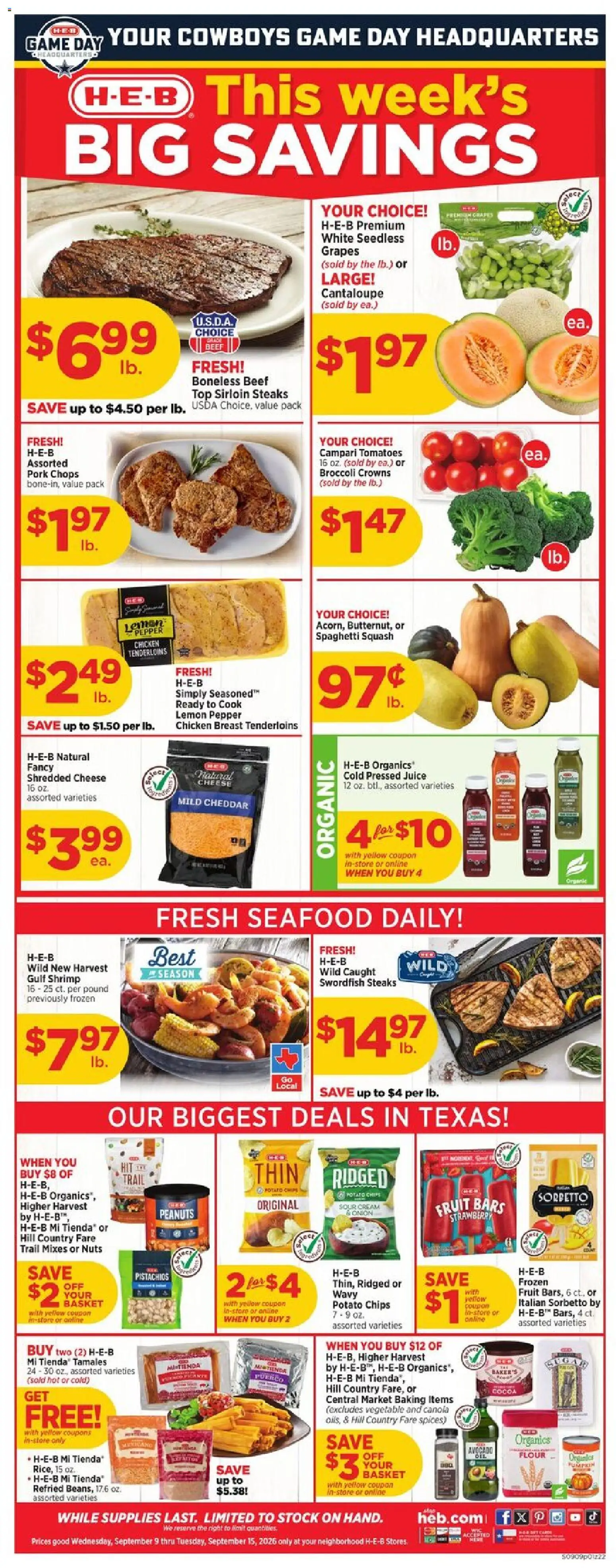 Ad Preview of H-E-B H-E-B Weekly Ad from 09/09/2026 - Shrimp, Crowns, Lemon, Pepper, Beef, Cream, Potato chips, Seedless grapes