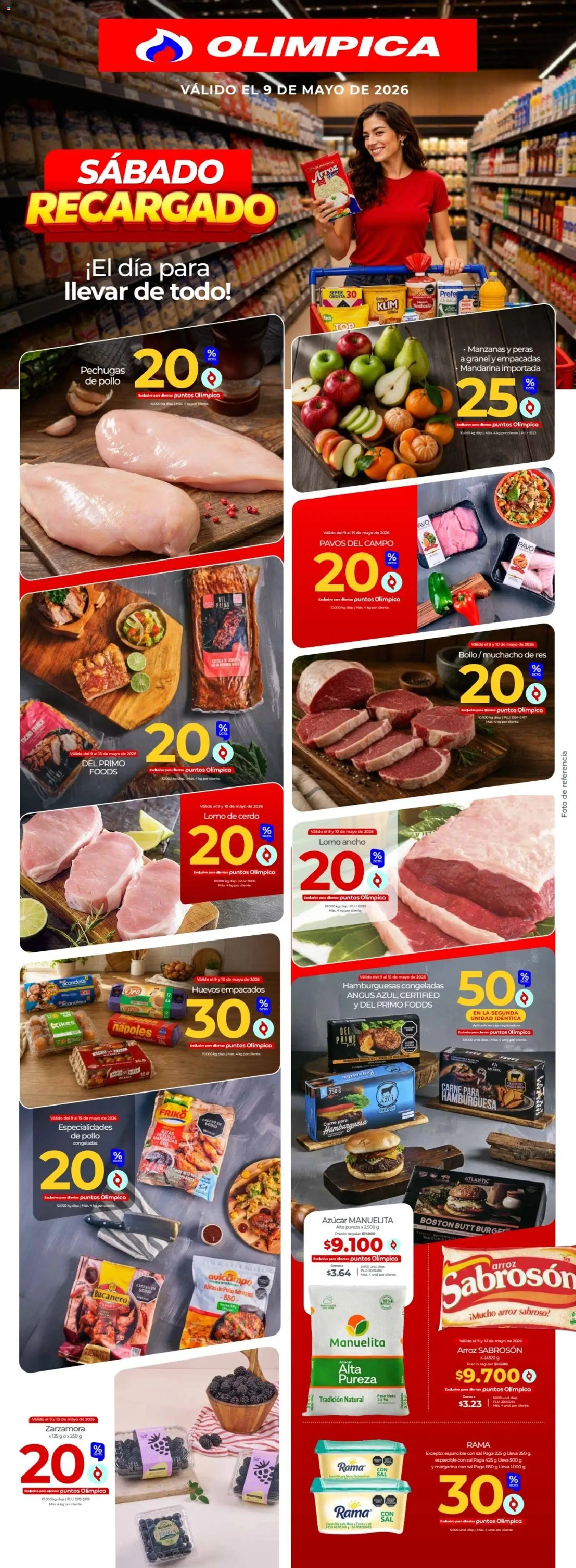  Vista previa del prospecto Olímpica catálogo_Sábado recargado del almacen Olímpica válida del 09/05/2026 al 14/05/2026 - Hamburguesa, Pollo, Cerdo, Azucar, Caja, Huevos, Lomo de cerdo, Especialidades