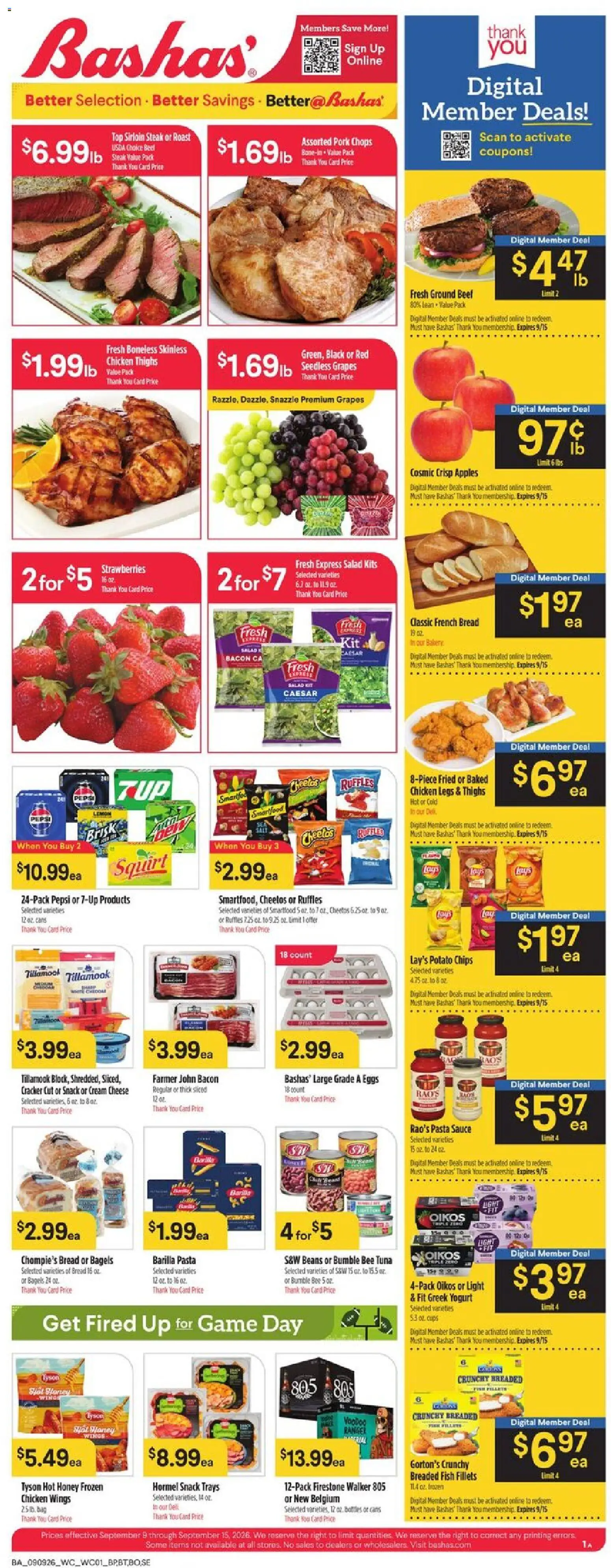 Ad Preview of Basha's Basha's Weekly Ad from 09/09/2026 - Game, Pasta, Chips, Pepsi, Greek yogurt, Bag, Pork, Chicken