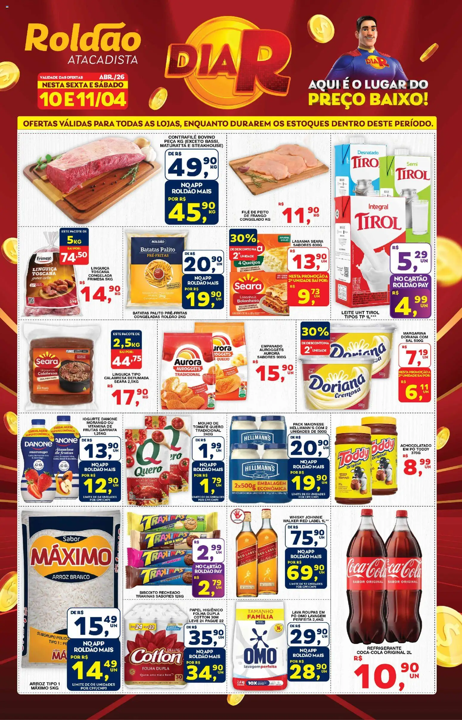 Pré-Visualização do folheto "Roldão ofertas Dia R + Final de Semana Arrasador" da loja Roldão válido a partir de 10/04/2026 - Iogurte, Biscoito, Leite, Tomate, Maionese, Linguiça, Mamão, Achocolatado