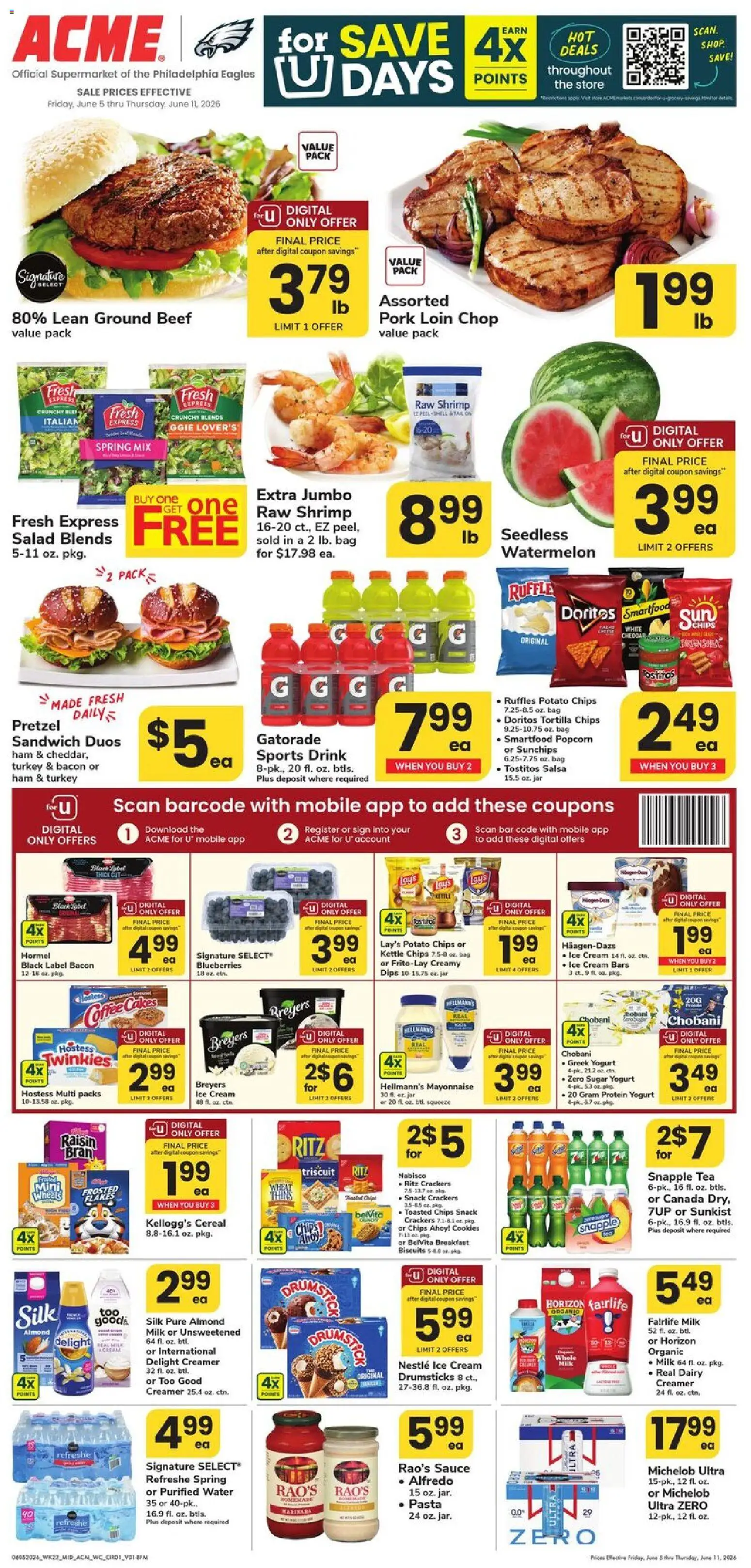 Ad Preview of Acme Acme Weekly Ad - PA from 06/05/2026 - Water, Ice, Cream, Sauce, Kettle, Tortilla chips, Drumsticks, Sports drink