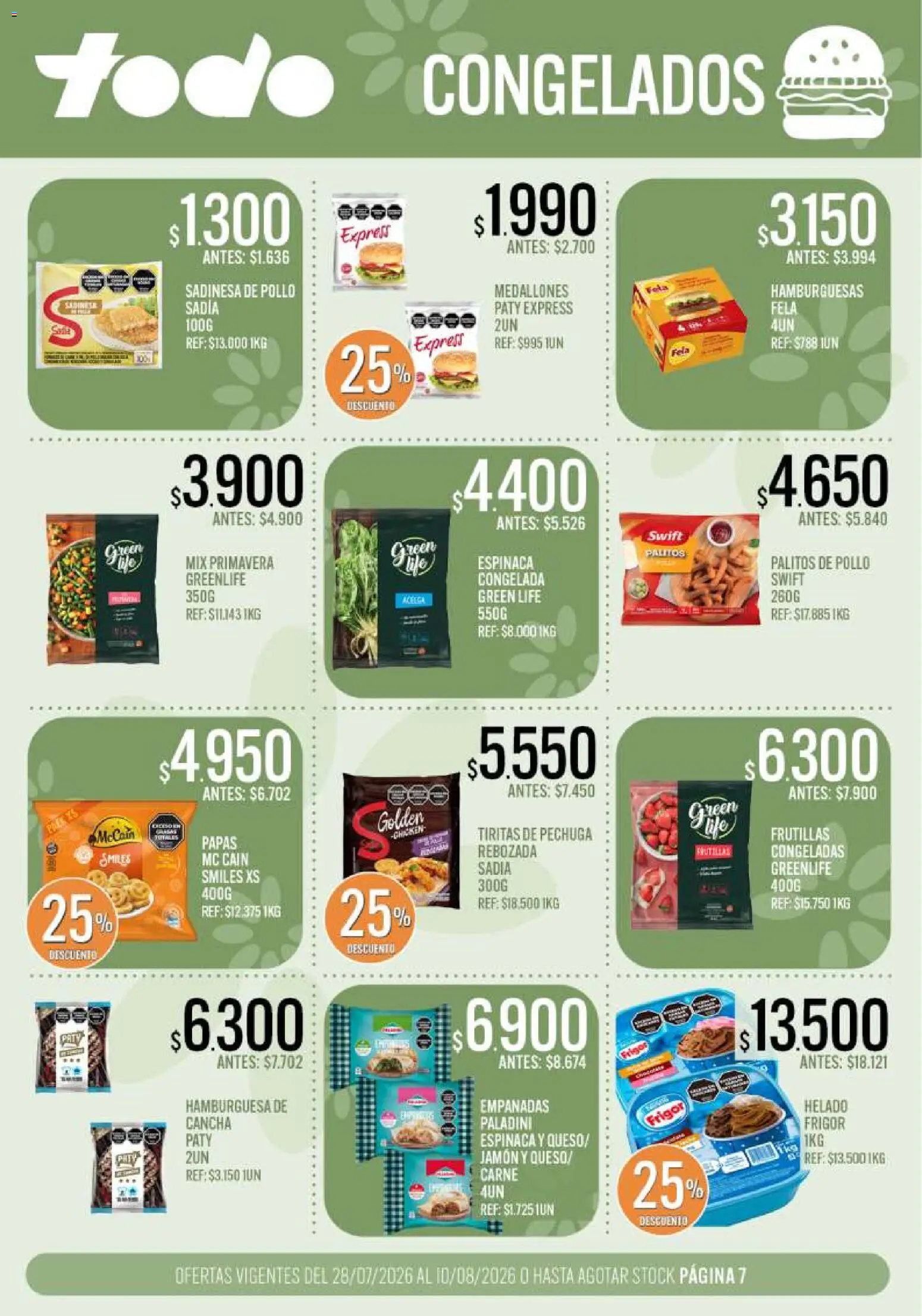 Vista previa del folleto de la tienda Supermercados TODO válido desde el 28/07/2026 - Papas, Helado, Pollo, Carne, Frutillas, Espinaca, Jamón, Frutillas congeladas