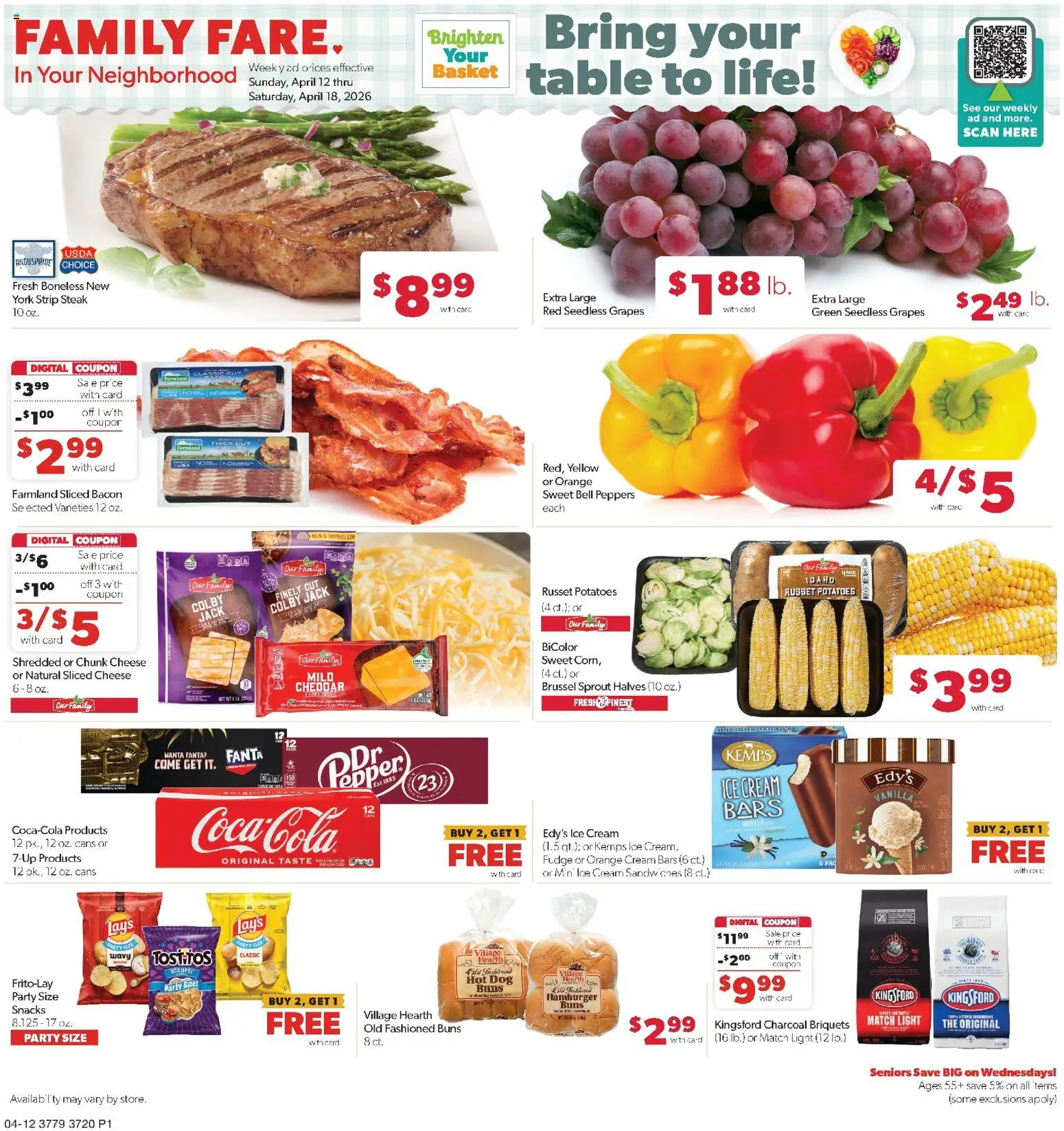Ad Preview of Family Fare Family Fare Weekly Ad - NE from 04/12/2026 - Snacks, Cheese, Potatoes, Peppers, Bacon, Basket, Vanilla, Sliced cheese