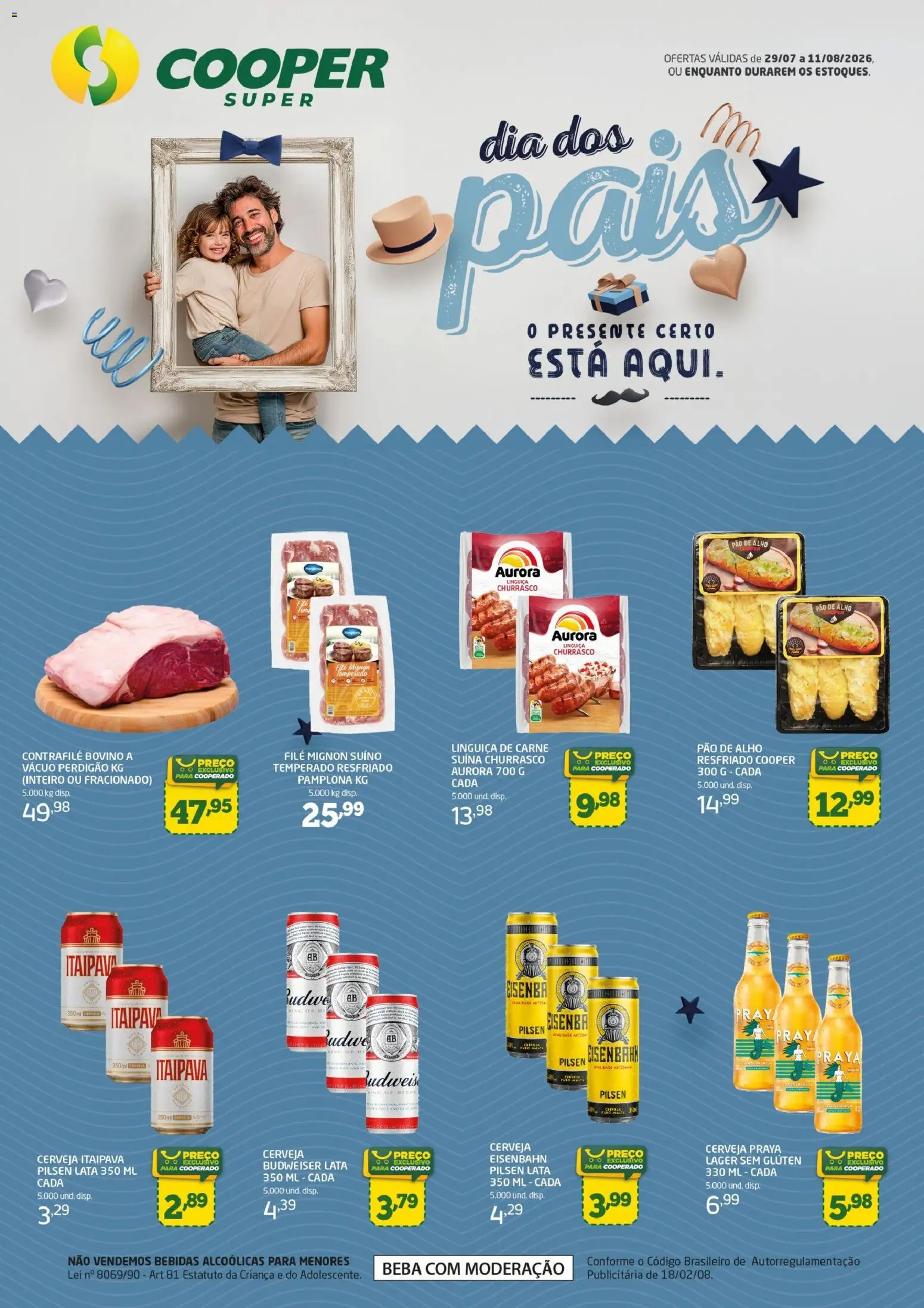 Pré-Visualização do folheto "Cooper ofertas Especial Dia dos Pais" da loja Cooper válido a partir de 29/07/2026 - Cerveja, Pão, Carne, Eisenbahn, Linguiça, Alho, Filé mignon, Filé mignon suíno