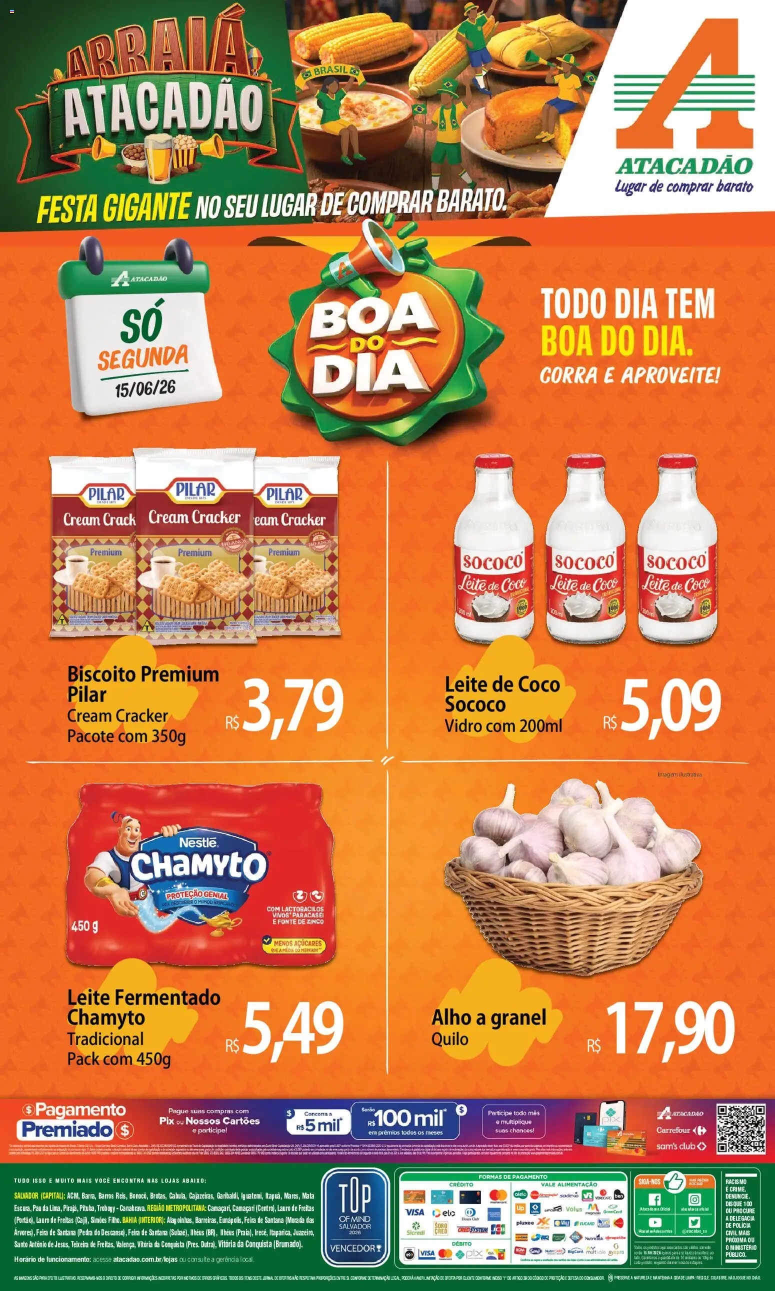 Pré-Visualização do folheto "Atacadão ofertas - BA" da loja Atacadão válido a partir de 15/06/2026 - Coco, Biscoito, Leite, Leite de coco, Alho, Leite fermentado, Cream cracker