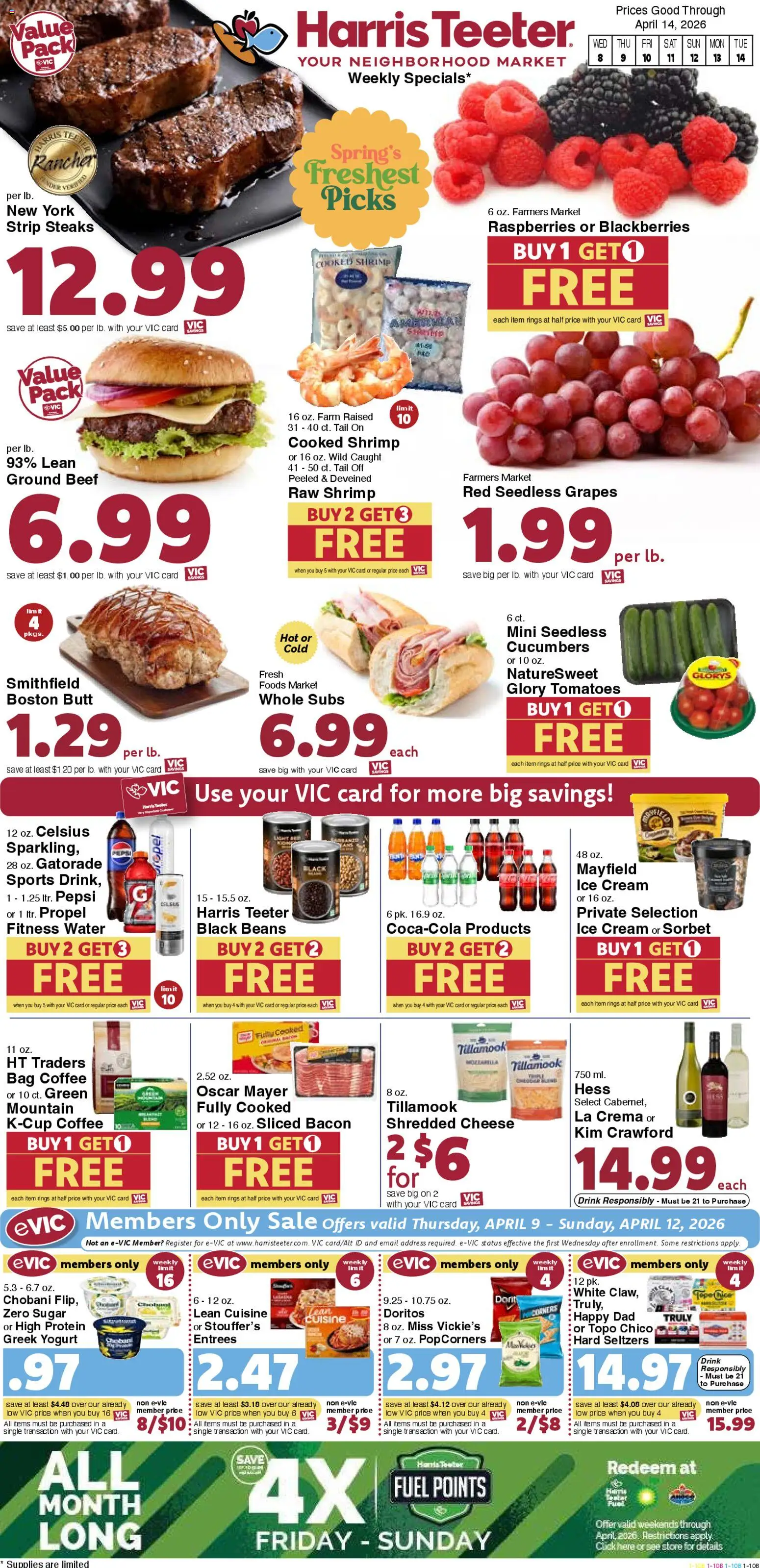 Ad Preview of Harris Teeter Harris Teeter Weekly Ad - NC from 04/08/2026 - Coffee, Shrimp, Tomatoes, Bacon, Greek yogurt, Beans, Beef, Bag