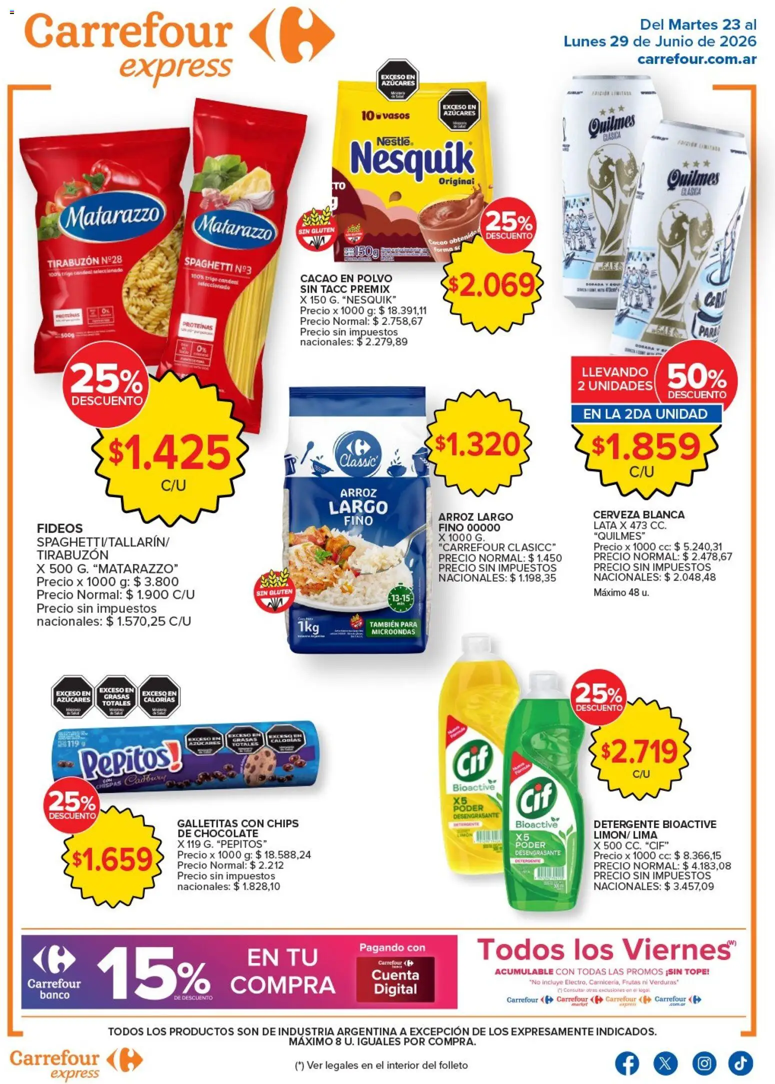 Vista previa del folleto de la tienda Carrefour válido desde el 23/06/2026 - Microondas, Galletitas, Fideos, Cacao, Vasos, Detergente, Spaghetti, Polvo
