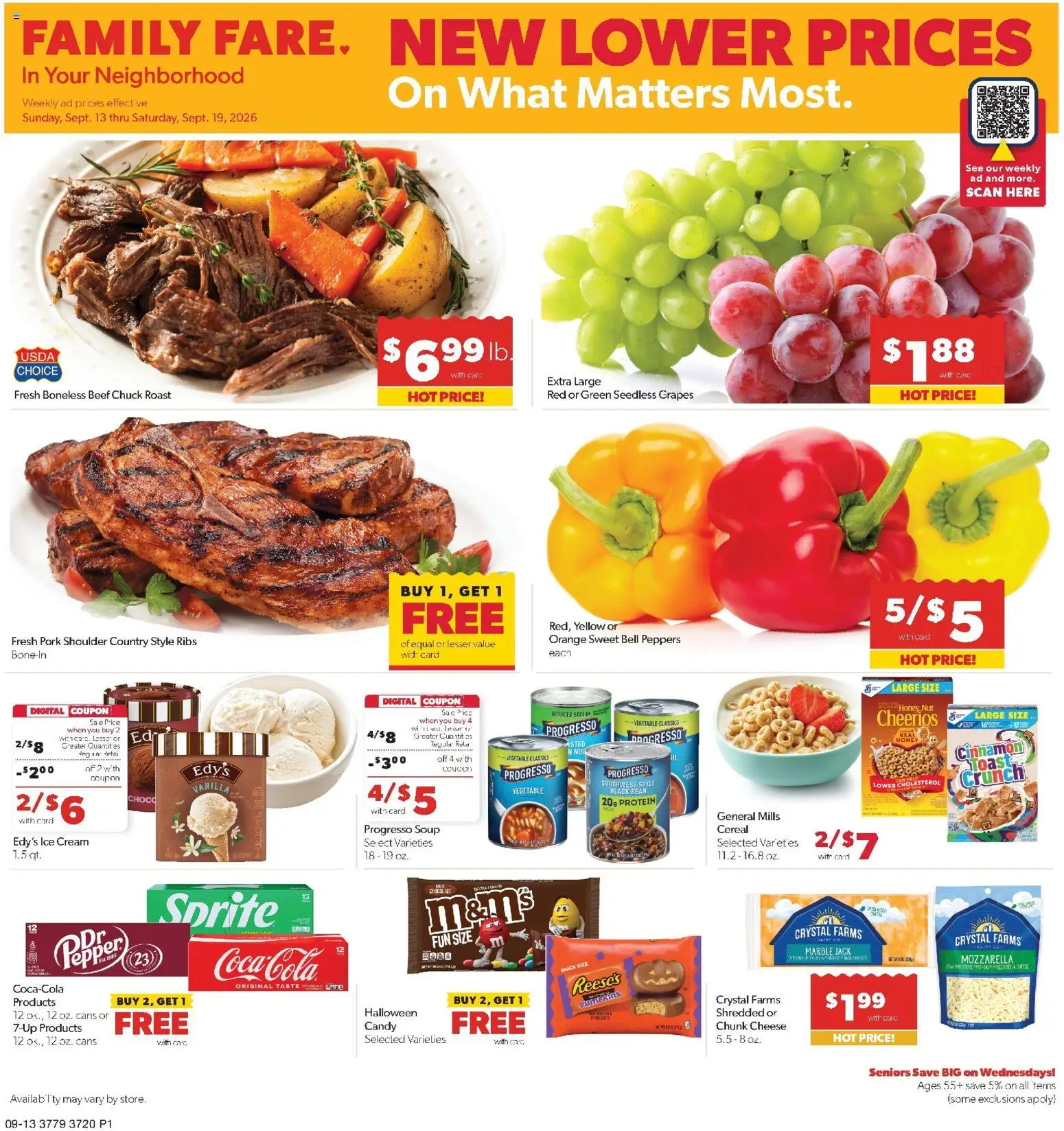 Ad Preview of Family Fare Family Fare Weekly Ad - IA from 09/13/2026 - Ice, Honey, Peppers, Sprite, Vanilla, Pork shoulder, Caro, Seedless grapes