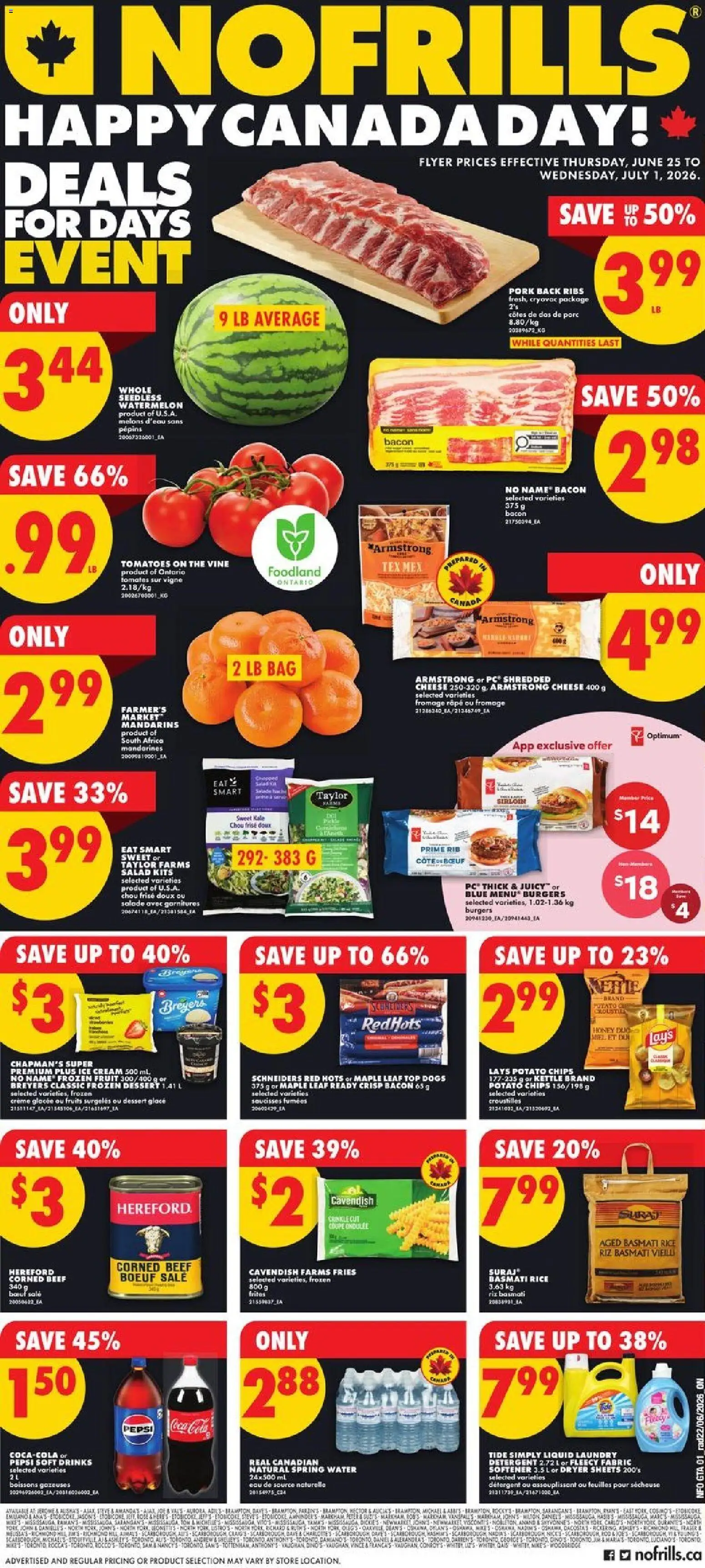 Preview of leaflet No Frills weekly flyer - ON from shop No Frills is valid from Jun 25, 2026 - Dessert, Ice, Rice, Beef, Bacon, Spring water, Dryer, Frozen fruit
