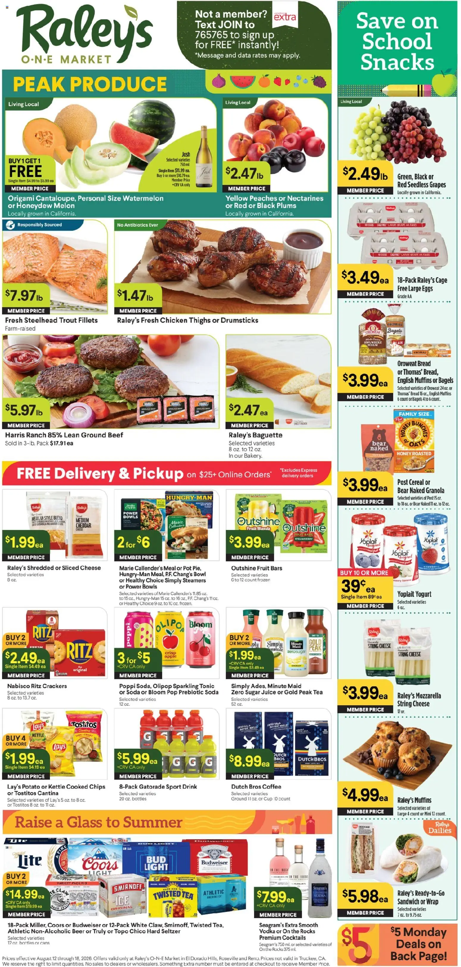 Ad Preview of Raley's Raley's Ad from 08/12/2026 - Coffee, Cheese, Watermelon, Grapes, Crackers, Trout, Kettle, Tonic