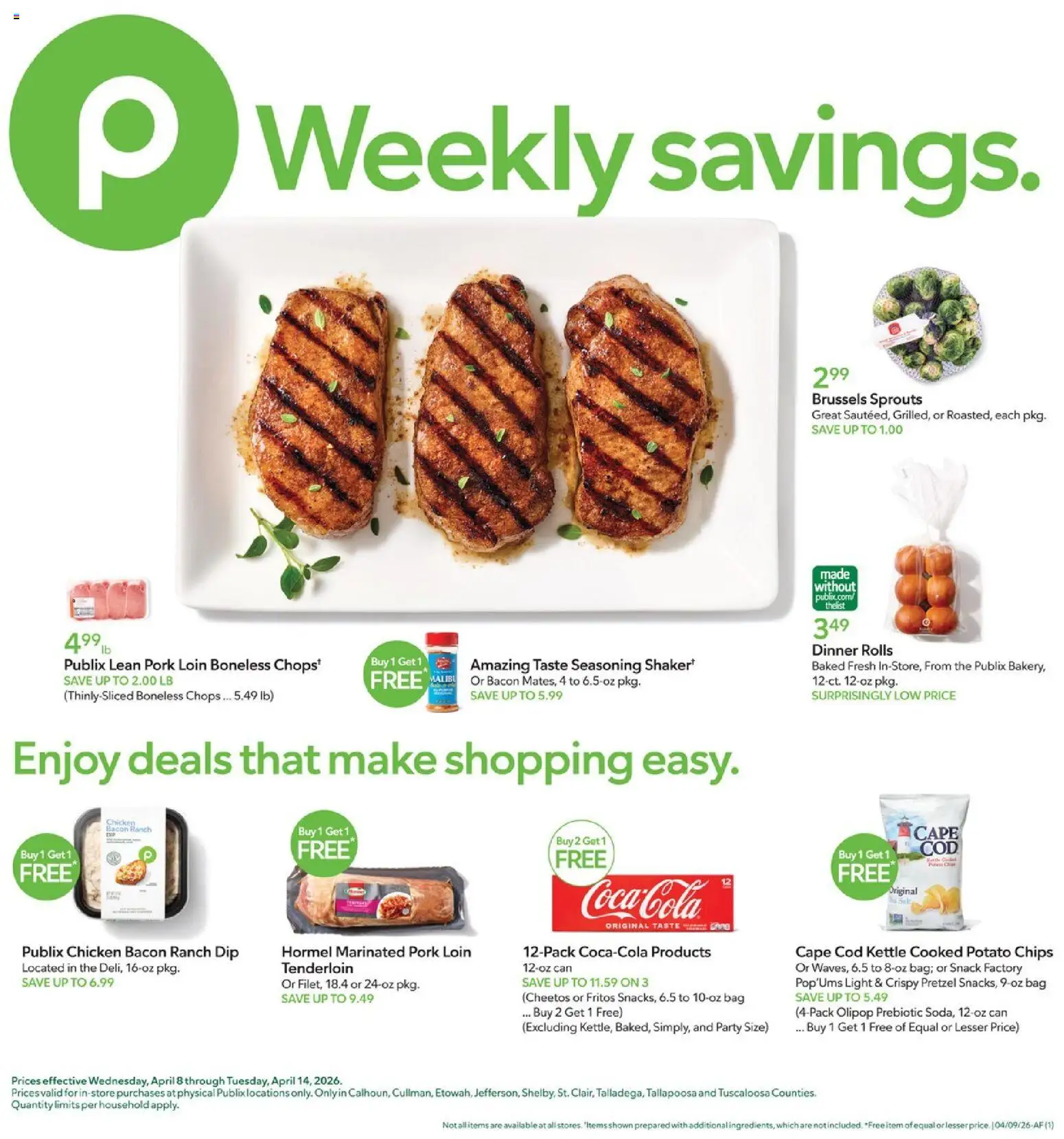 Ad Preview of Publix Publix Weekly Ad from 04/08/2026 - Chips, Malibu, Brussels Sprouts, Bacon, Bag, Pork, Potato chips, Chicken