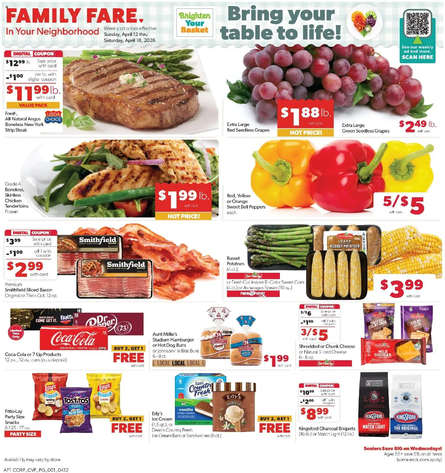 Ad Preview of Family Fare Family Fare Weekly Ad from 04/12/2026 - Ice cream, Ice, Hamburger, Cheese, Bacon, Charcoal, Basket, Seedless grapes