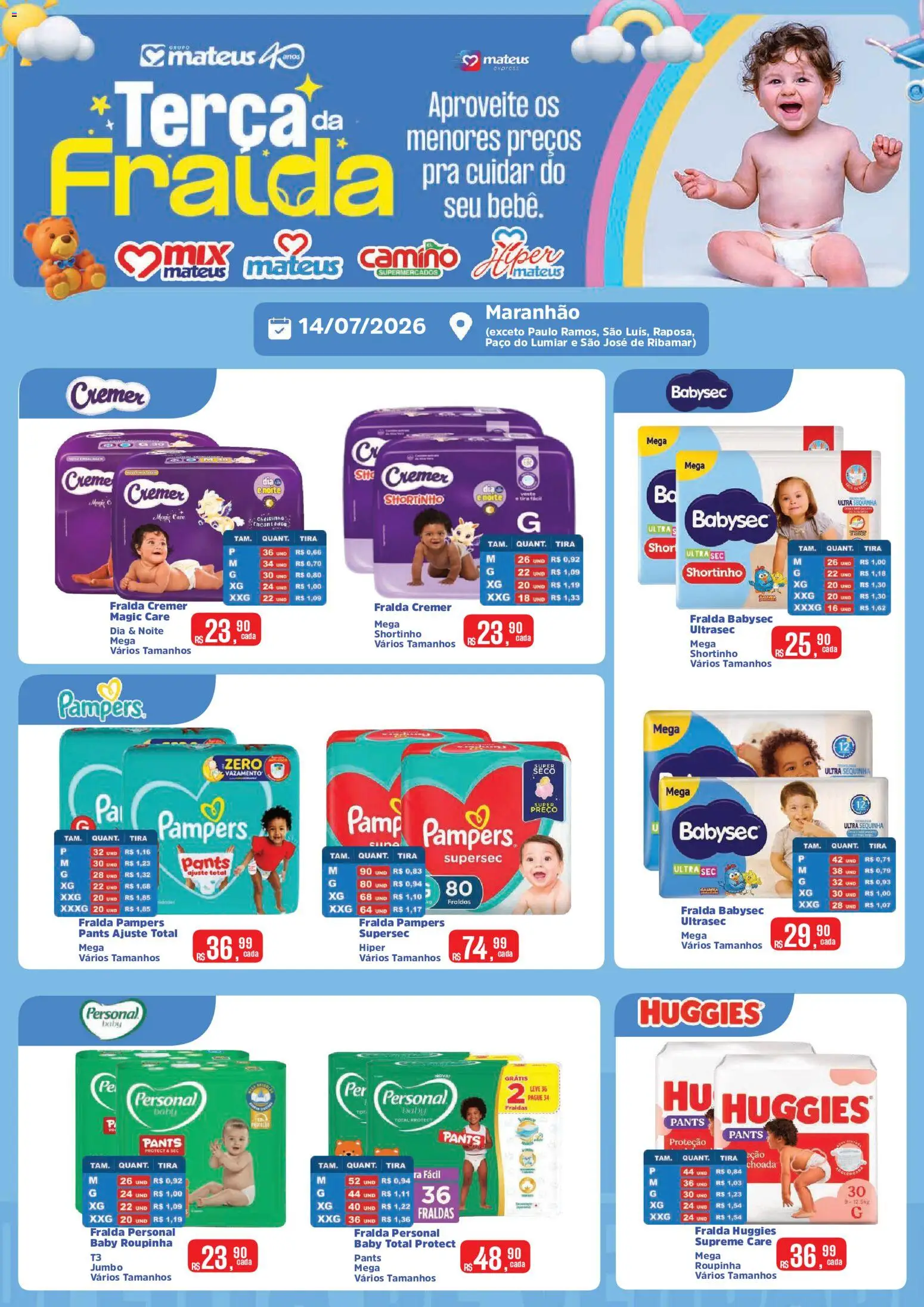 Pré-Visualização do folheto "Mateus ofertas Terça da Fralda" da loja Mateus válido a partir de 14/07/2026 - Fraldas, Fralda pampers, Pampers, Creme