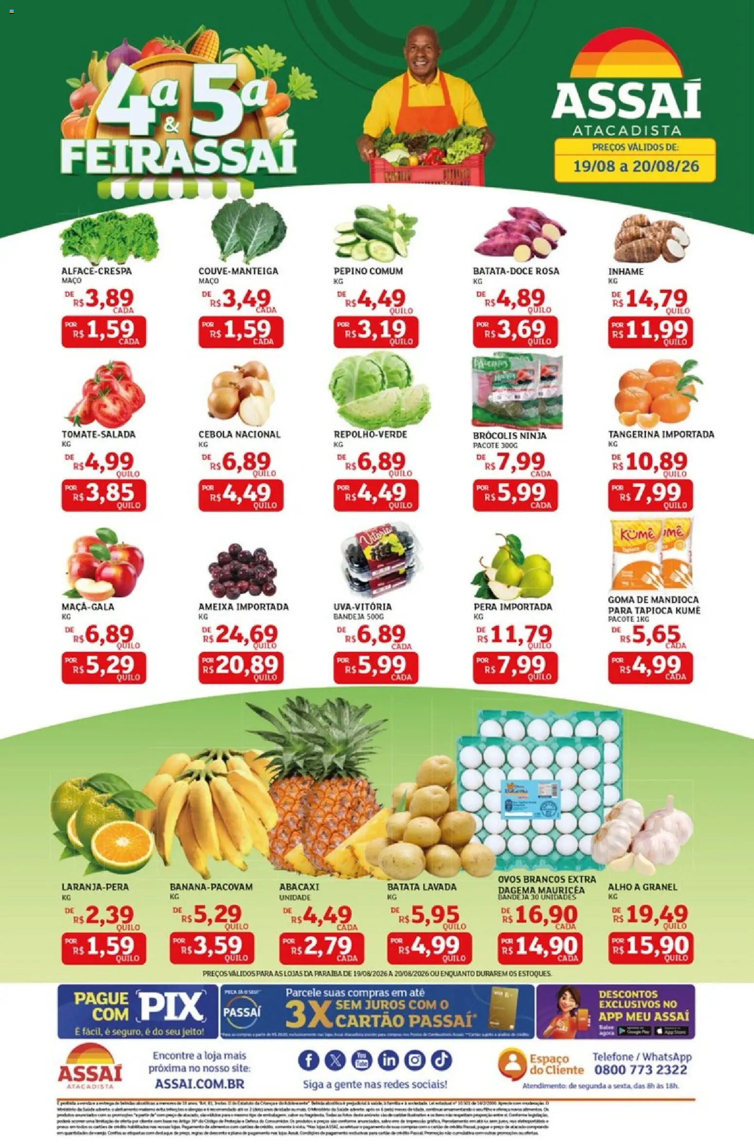 Pré-Visualização do folheto "Assaí Atacadista ofertas - PB" da loja Assaí Atacadista válido a partir de 19/08/2026 - Telefone, Tapioca, Ovos, Abacaxi, Brócolis, Ameixa, Pera, Mandioca