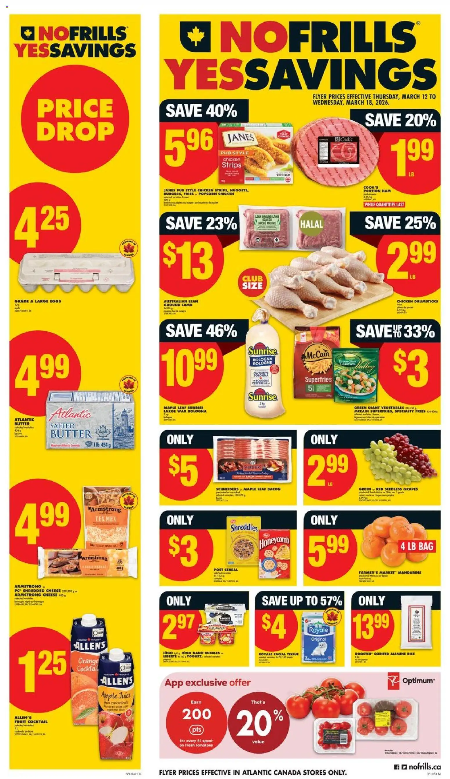 Preview of leaflet No Frills weekly flyer - NS from shop No Frills is valid from Mar 12, 2026 - Fruit, PC, Cocktail, Eggs, Cheese, Popcorn, Strips, Chicken drumsticks