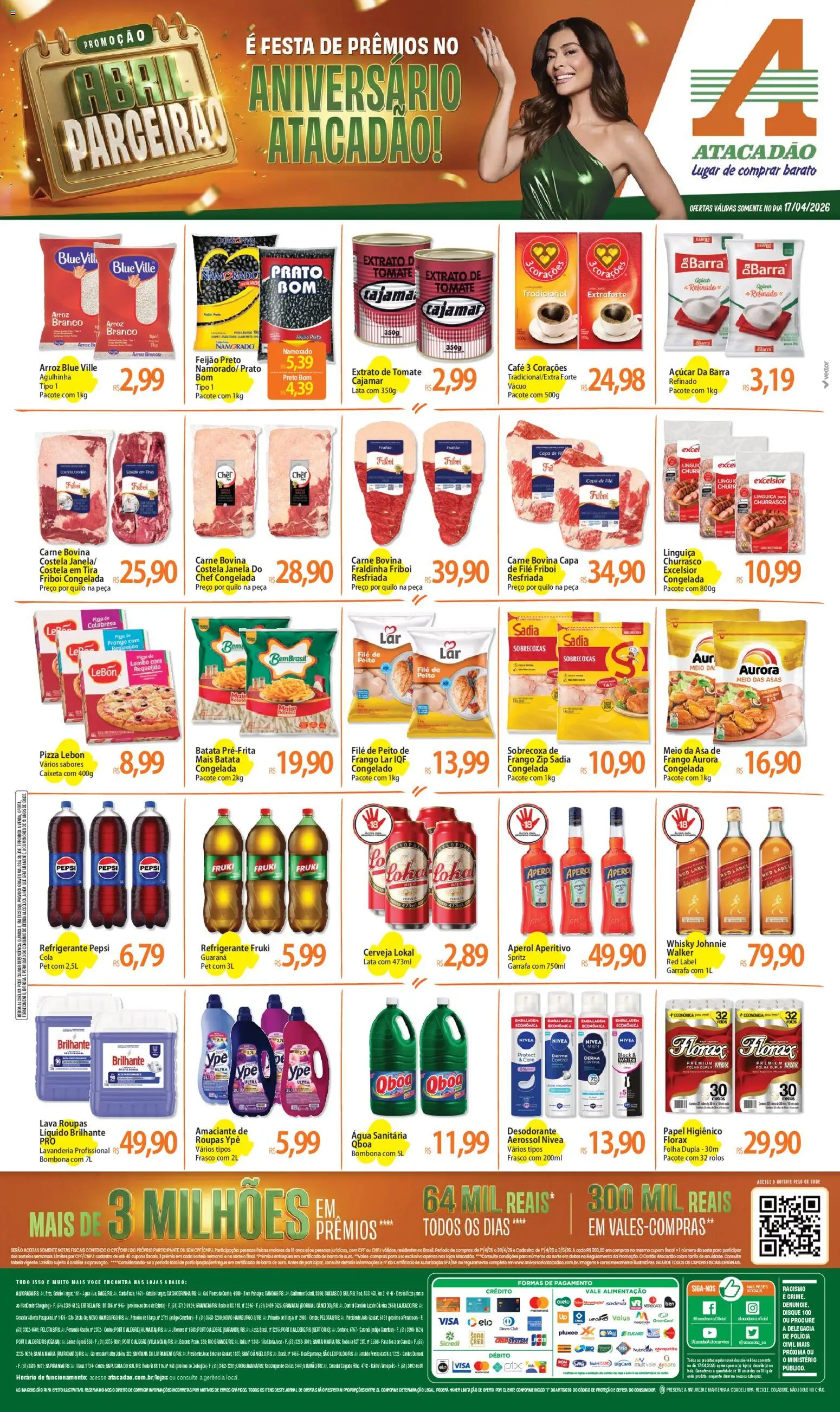 Pré-Visualização do folheto "Atacadão ofertas - RS" da loja Atacadão válido a partir de 17/04/2026 - Desodorante, Copa, Carne, Batata, Tomate, Pepsi, Cola, Baixo