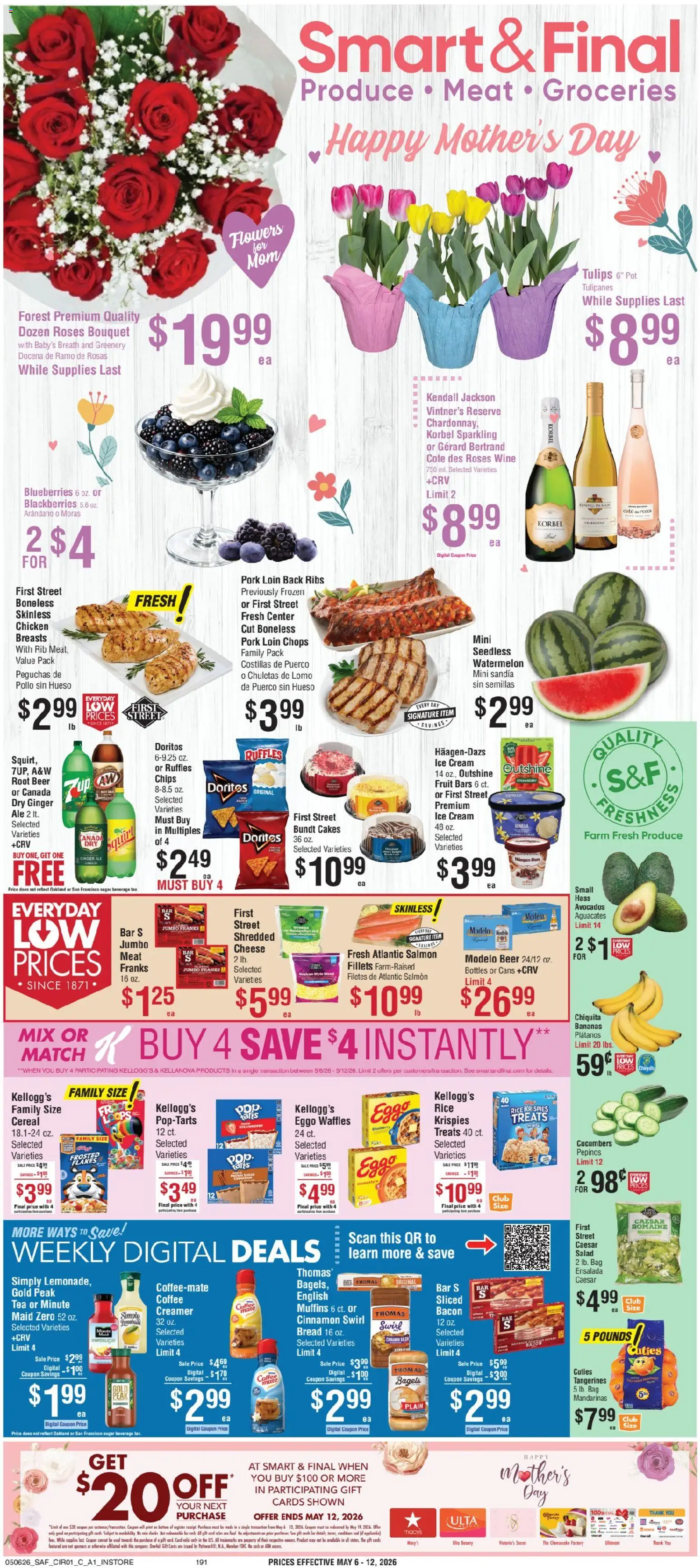 Ad Preview of Smart & Final Smart & Final Weekly Ad from 05/06/2026 - Waffles, Beer, Wine, Chips, Cheese, Bread, Salmon, Cream