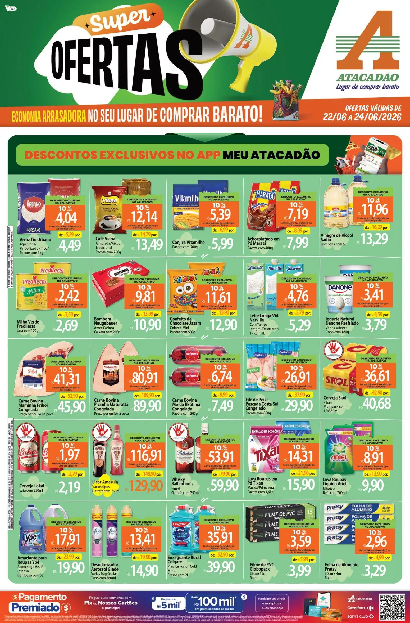 Pré-Visualização do folheto "Atacadão ofertas - MA" da loja Atacadão válido a partir de 22/06/2026 - Peixe, Leite, Carne, Milho, Enxaguante bucal, Pó, Milho verde, Carne bovina