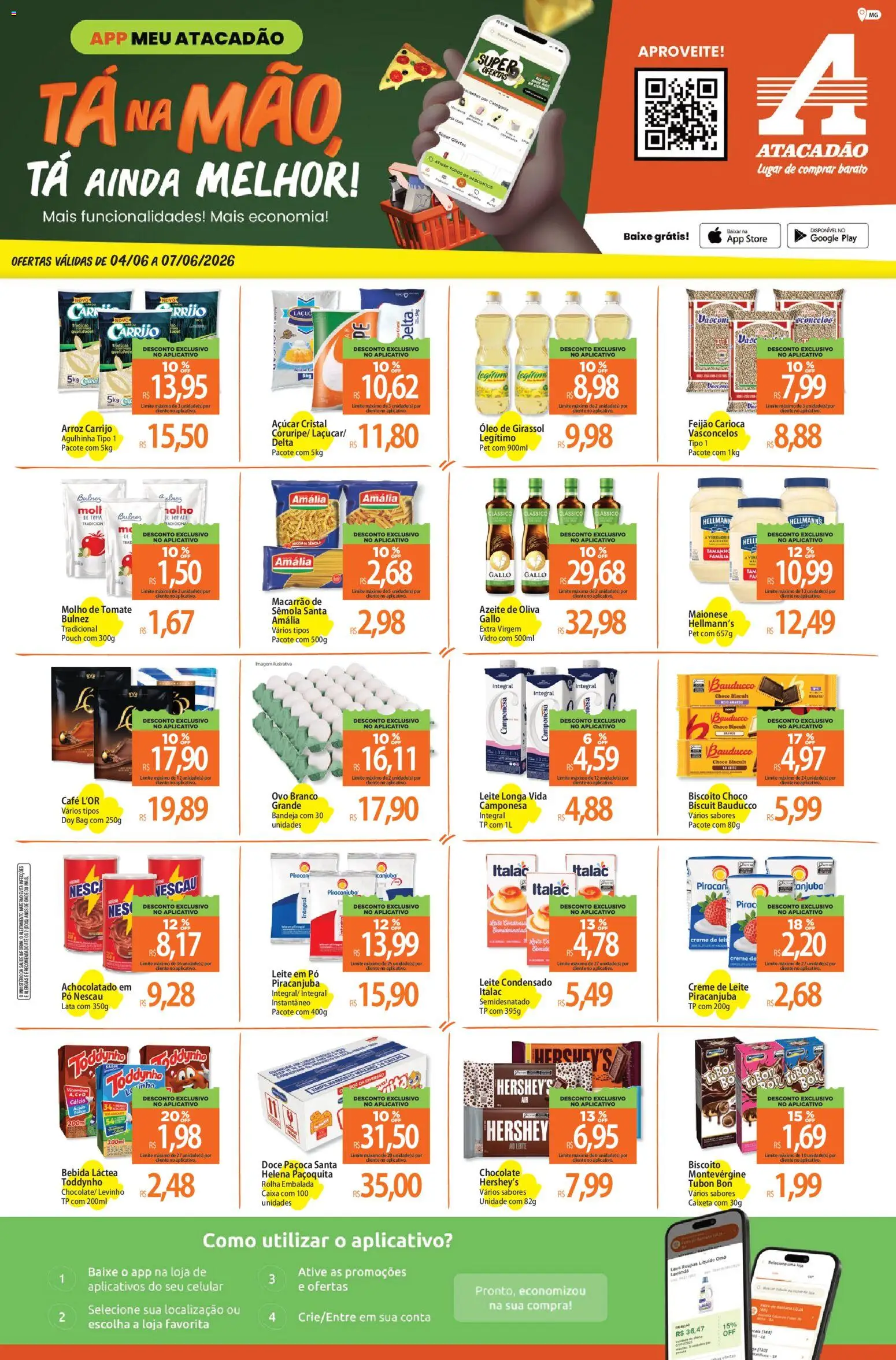 Pré-Visualização do folheto "Atacadão ofertas - MG" da loja Atacadão válido a partir de 04/06/2026 - Café, Macarrão, Bebida, Feijão, Leite, Tomate, Açúcar, Pó