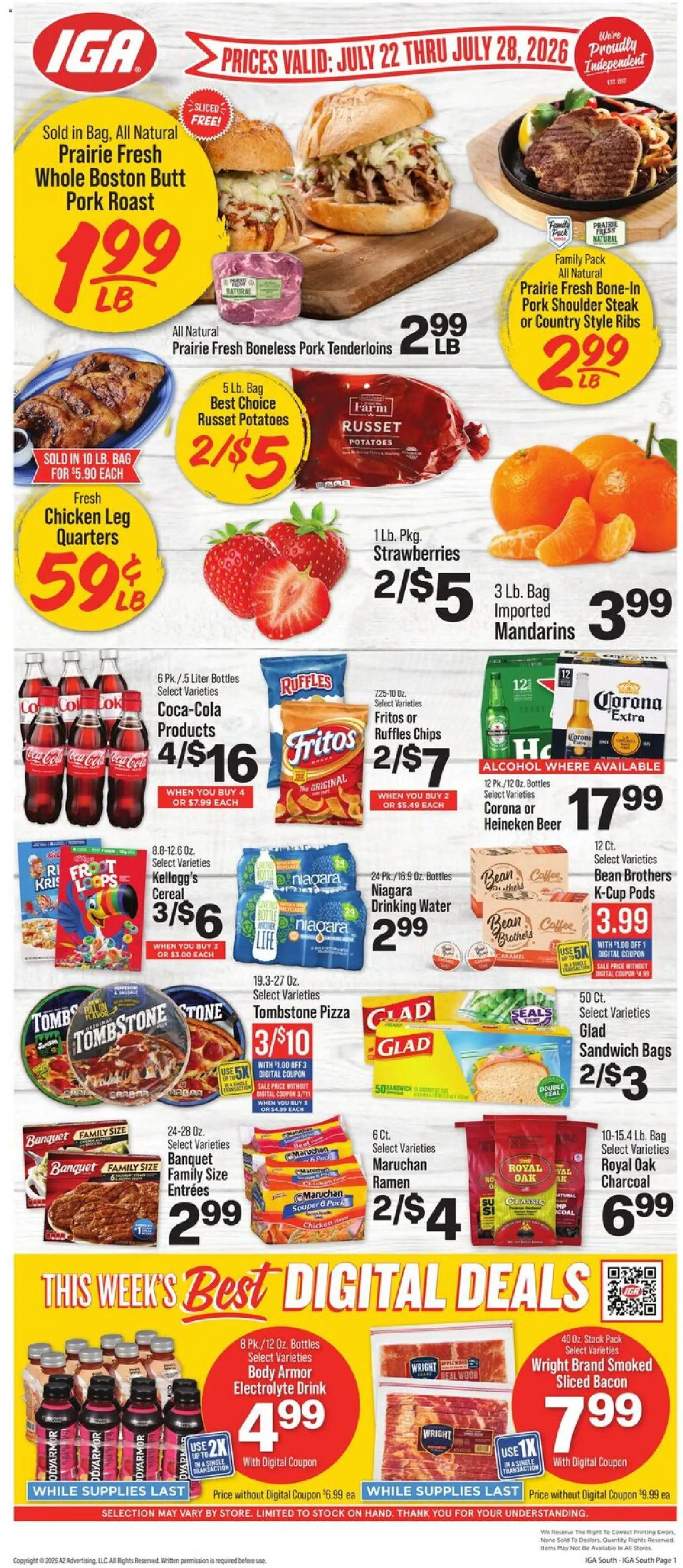 Ad Preview of IGA IGA Weekly Ad from 07/22/2026 - Alcohol, Chips, Cereal, Bacon, Bag, Mandarins, Pork, Heineken beer