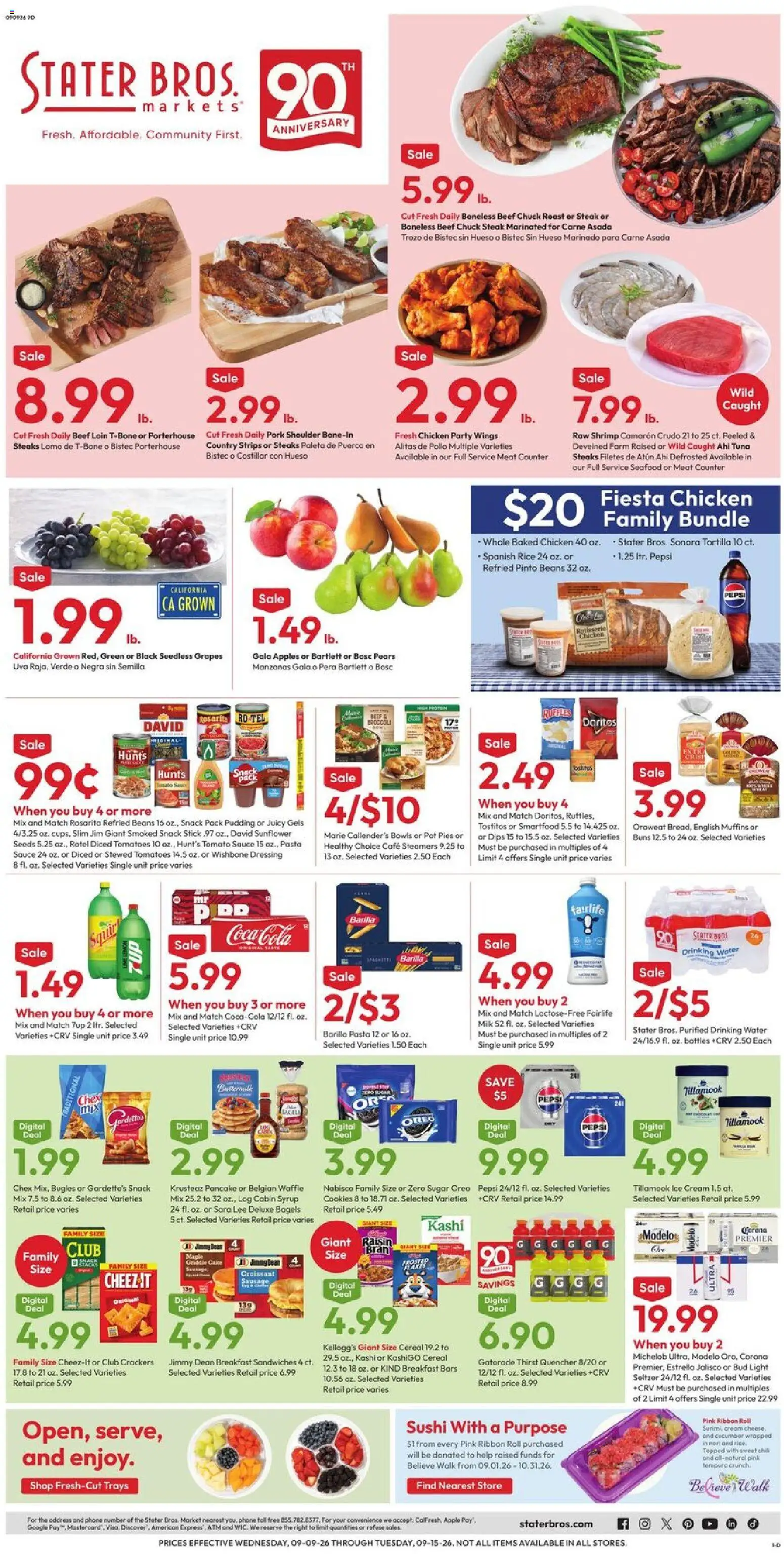 Ad Preview of Stater Bros Stater Bros Weekly Ad from 09/09/2026 - Water, Steak, Broccoli, Croissant, Milk, Beef, Sauce, Chicken