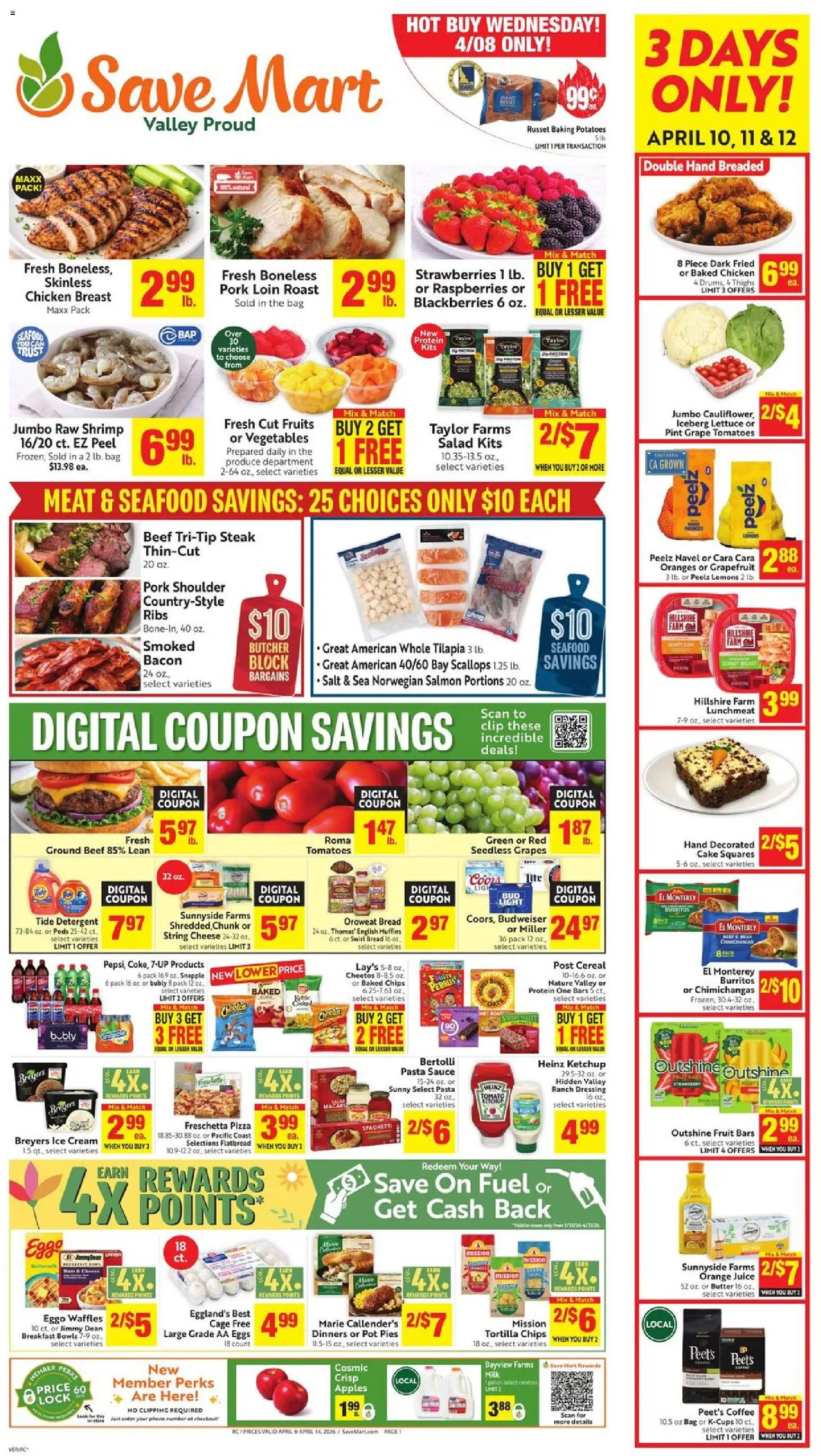 Ad Preview of Save Mart Save Mart Weekly Ad from 04/08/2026 - Salad, Chips, Tomatoes, Lemons, Grapes, Lettuce, Ketchup, Sauce