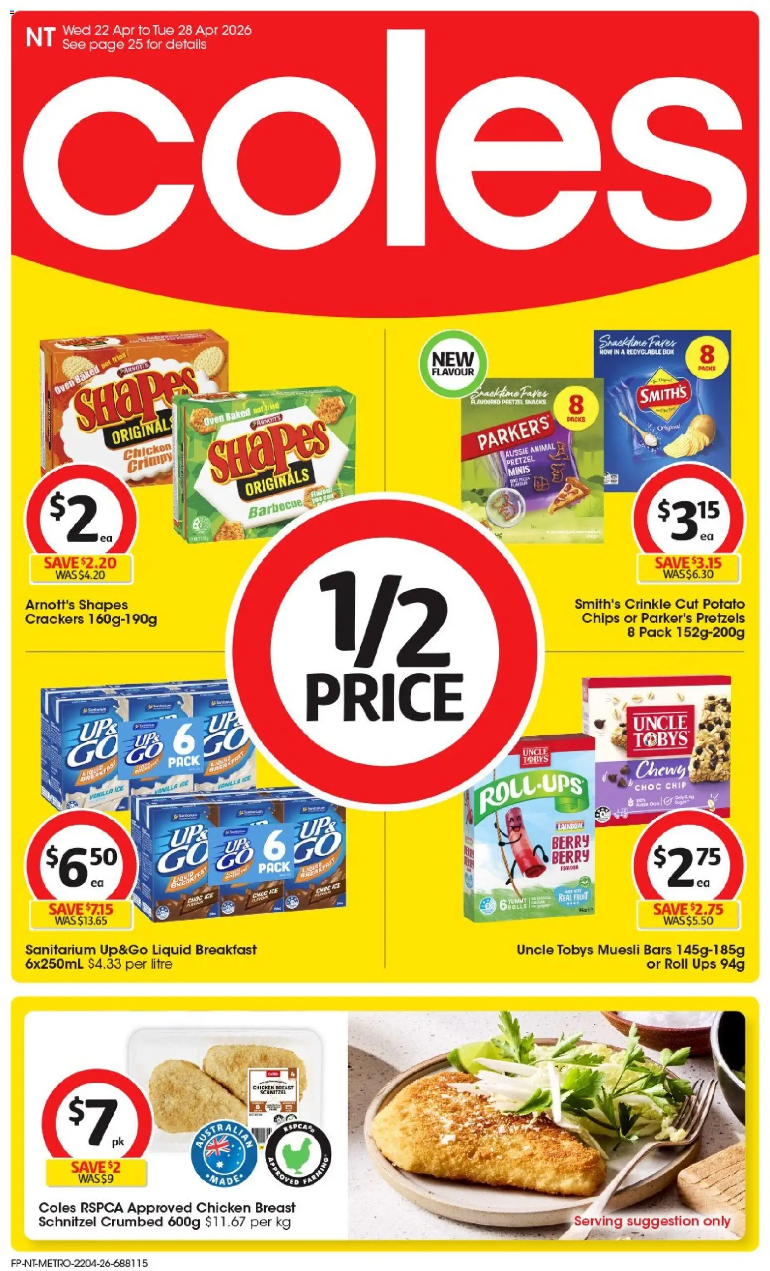 Preview of catalogue Coles catalogue NT from shop Coles valid 22/04/2026 - Box, Chicken, Chicken breast, Chips, Pretzels, Oven, Muesli, UPS