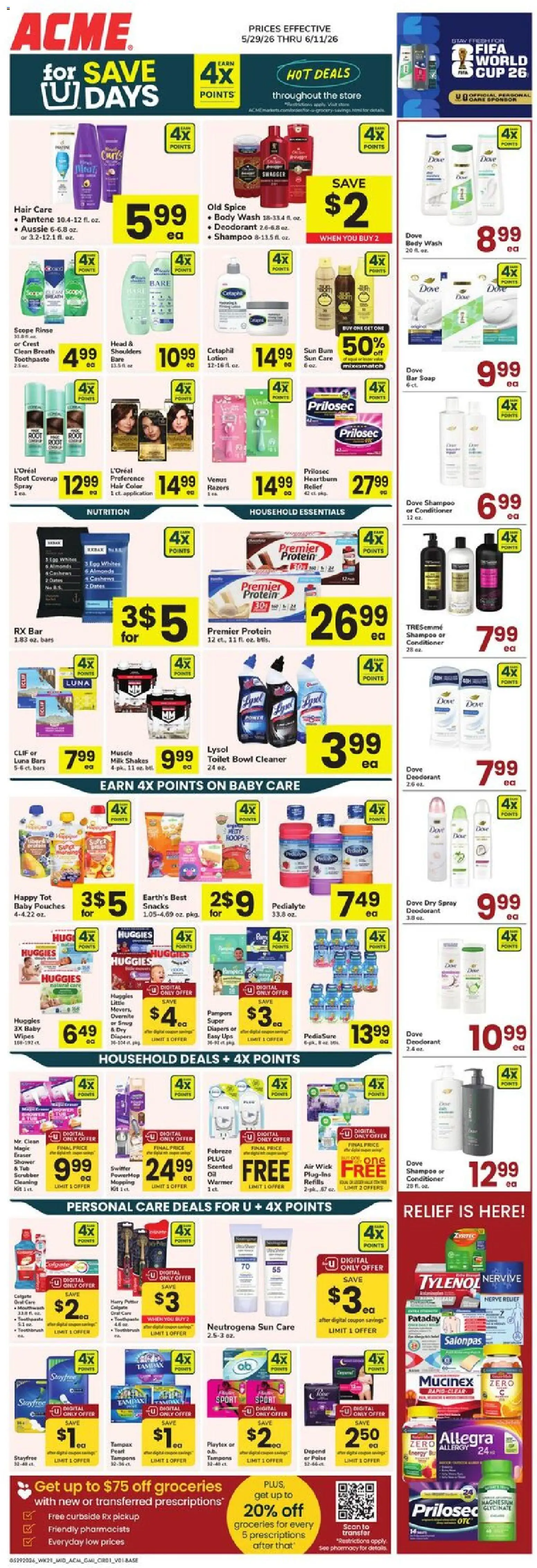 Ad Preview of Acme Acme Ad from 05/29/2026 - Groceries, Magnesium, Snacks, Milk, Diapers, Shower, Soap, Toothpaste