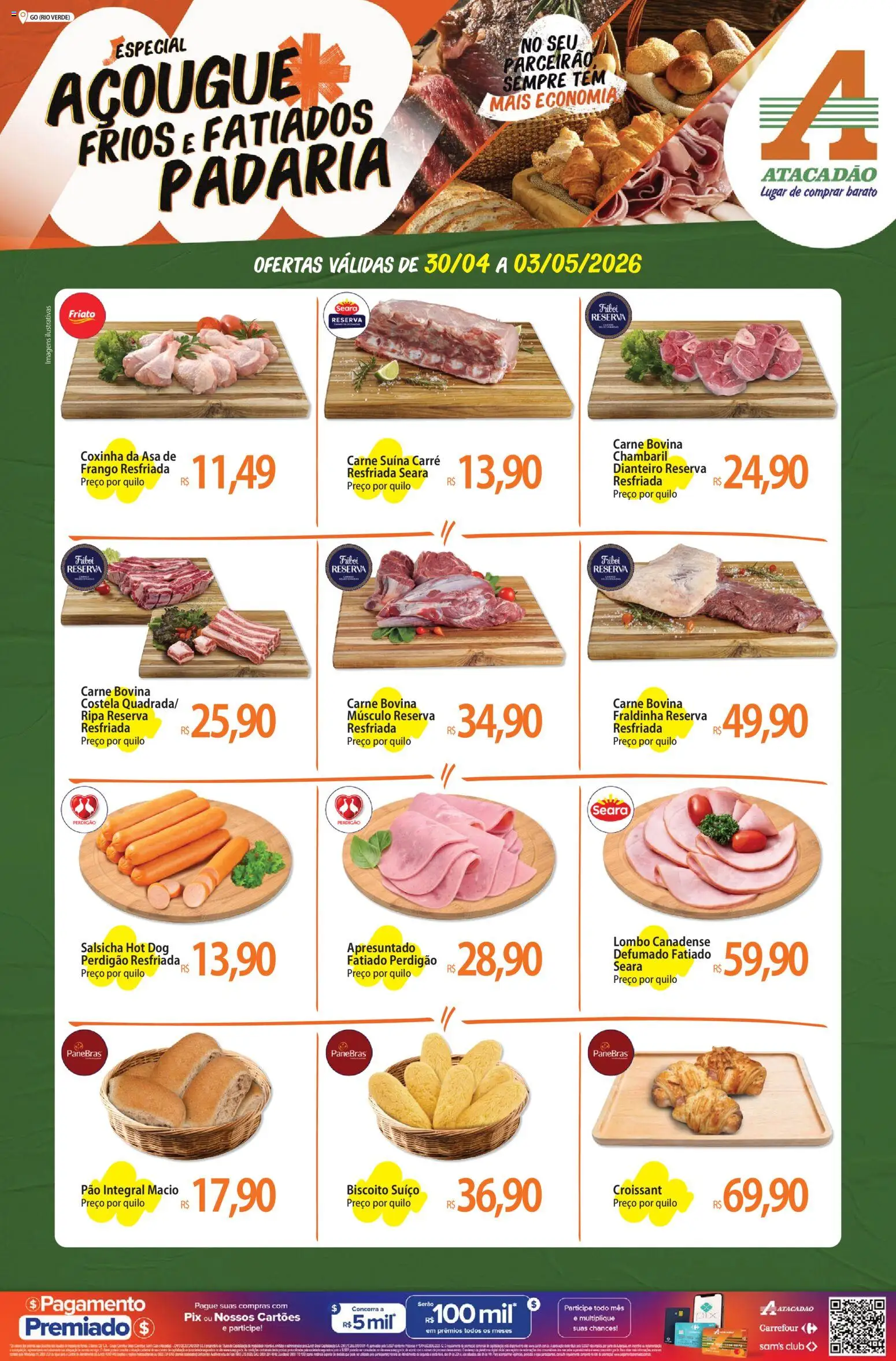 Pré-Visualização do folheto "Atacadão ofertas - GO" da loja Atacadão válido a partir de 30/04/2026 - Salsicha, Croissant, Carne, Frango, Carne bovina, Lombo, Friato, Carne bovina músculo