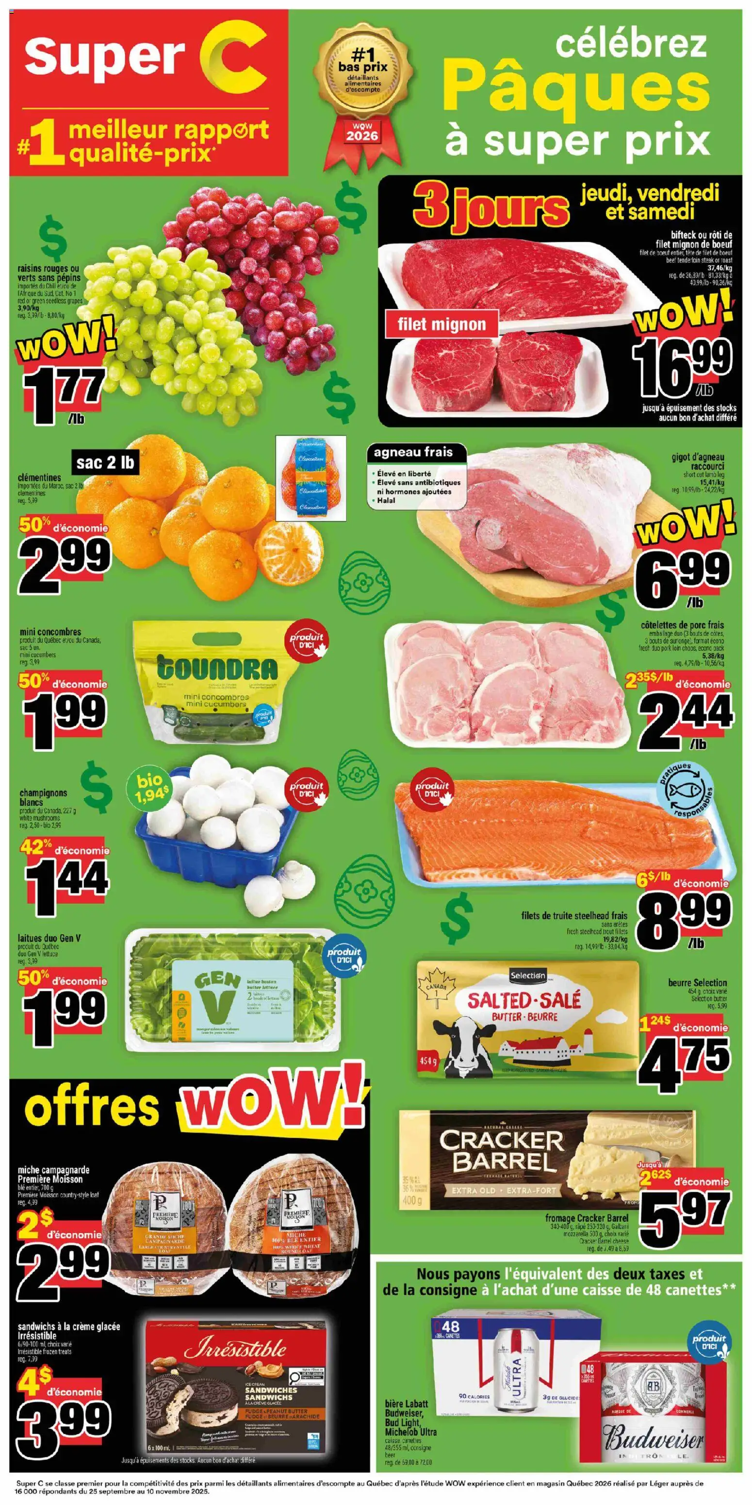 Preview of leaflet Super C weekly flyer - Chandler from shop Super C is valid from Apr 02, 2026 - Fromage, Sac, Bière, Agneau, Truite, Champignons, Filet de bœuf, Râpe