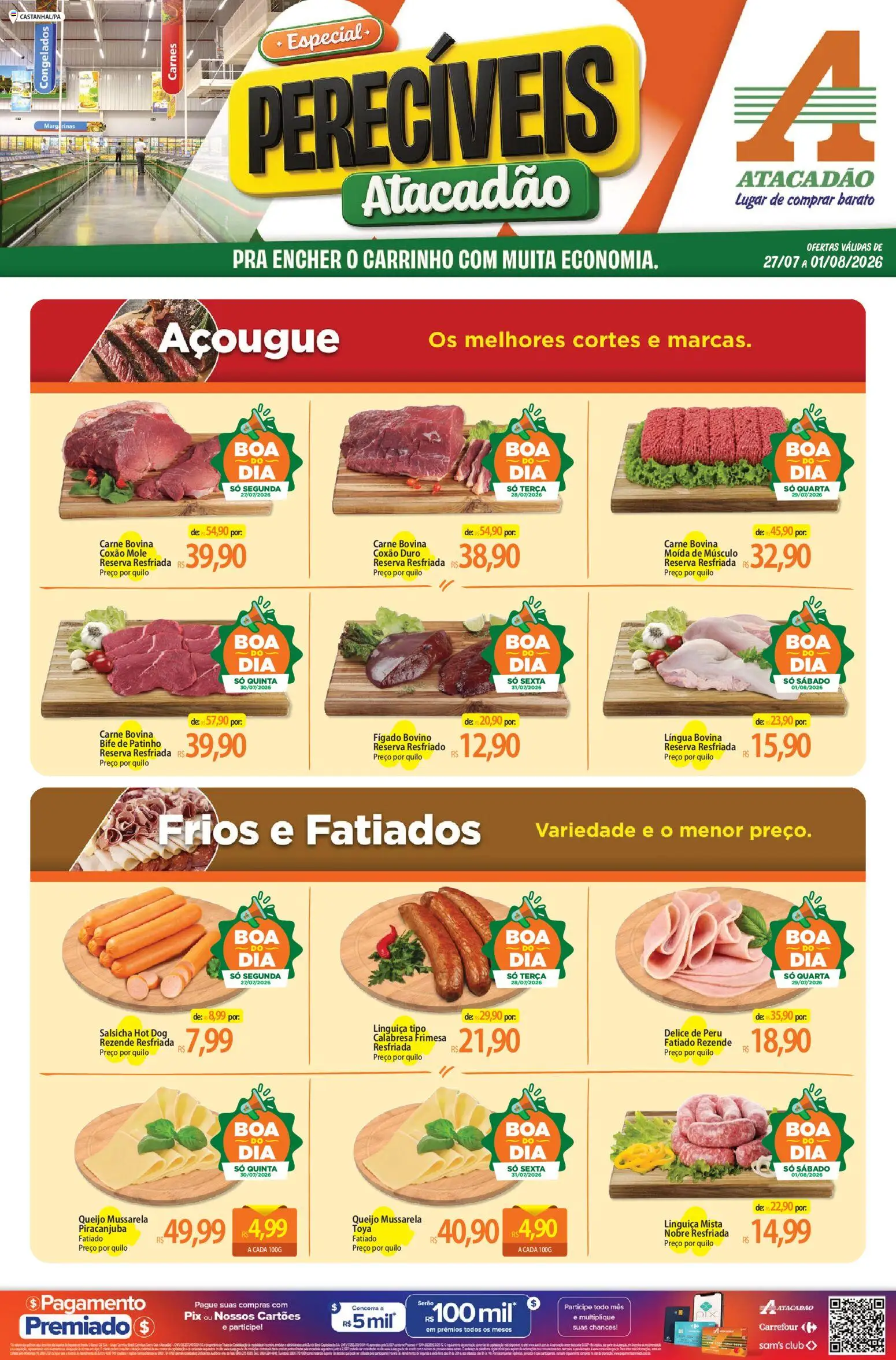 Pré-Visualização do folheto "Atacadão ofertas - PA" da loja Atacadão válido a partir de 27/07/2026 - Salsicha, Queijo, Carrinho, Carne, Mussarela, Fígado, Linguiça, Coxão mole