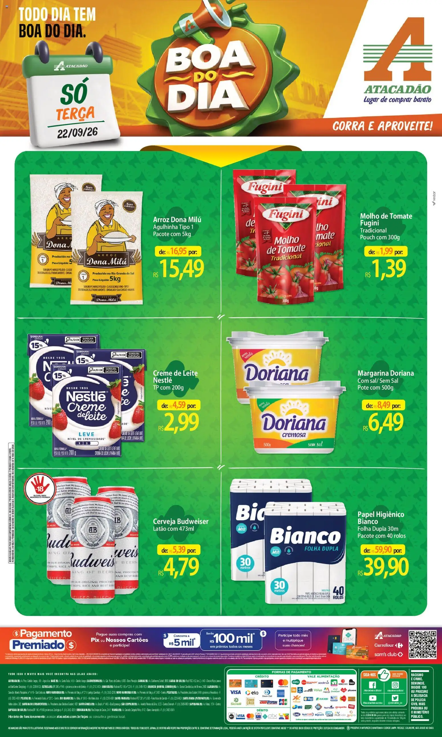 Pré-Visualização do folheto "Atacadão ofertas - RS" da loja Atacadão válido a partir de 22/09/2026 - Cerveja, Gravata, Creme de leite, Creme, Papel higiênico, Margarina, Doriana, Arroz dona milu