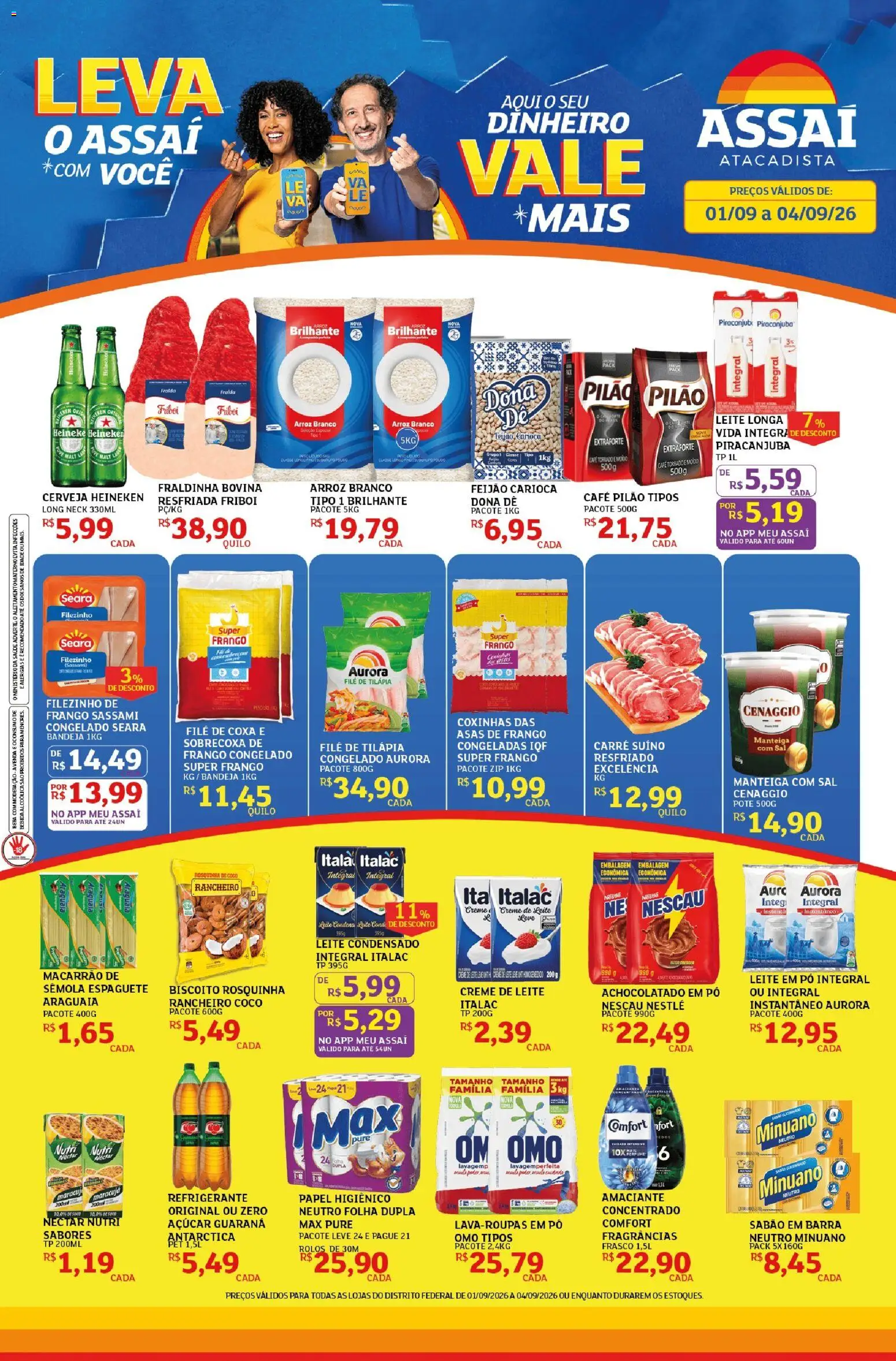 Pré-Visualização do folheto "Assaí Atacadista ofertas - DF" da loja Assaí Atacadista válido a partir de 01/09/2026 - Macarrão, Frango, Creme de leite, Pó, Filé de tilápia, Café pilão, Achocolatado, Rosquinha