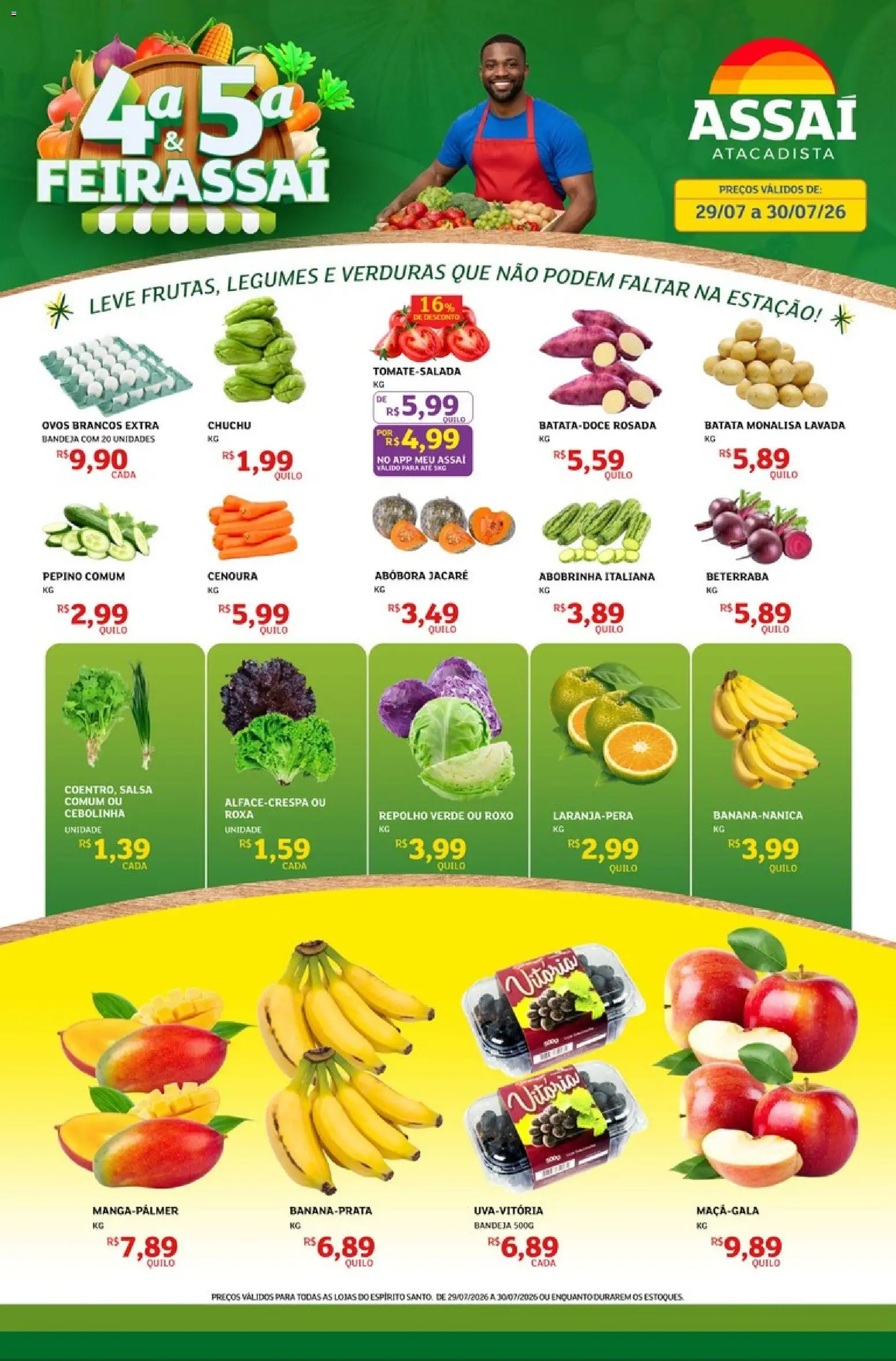 Pré-Visualização do folheto "Assaí Atacadista ofertas - ES" da loja Assaí Atacadista válido a partir de 29/07/2026 - Ovos, Chuchu, Abóbora, Legumes, Beterraba, Cenoura, Salsa, Bandeja