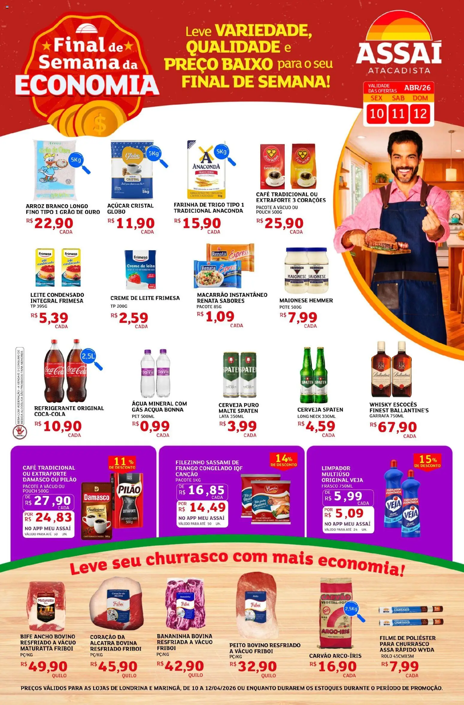 Pré-Visualização do folheto "Assaí Atacadista ofertas - PR" da loja Assaí Atacadista válido a partir de 10/04/2026 - Água, Bebida, Frango, Maionese, Creme, Farinha, Água mineral, Macarrão instantâneo