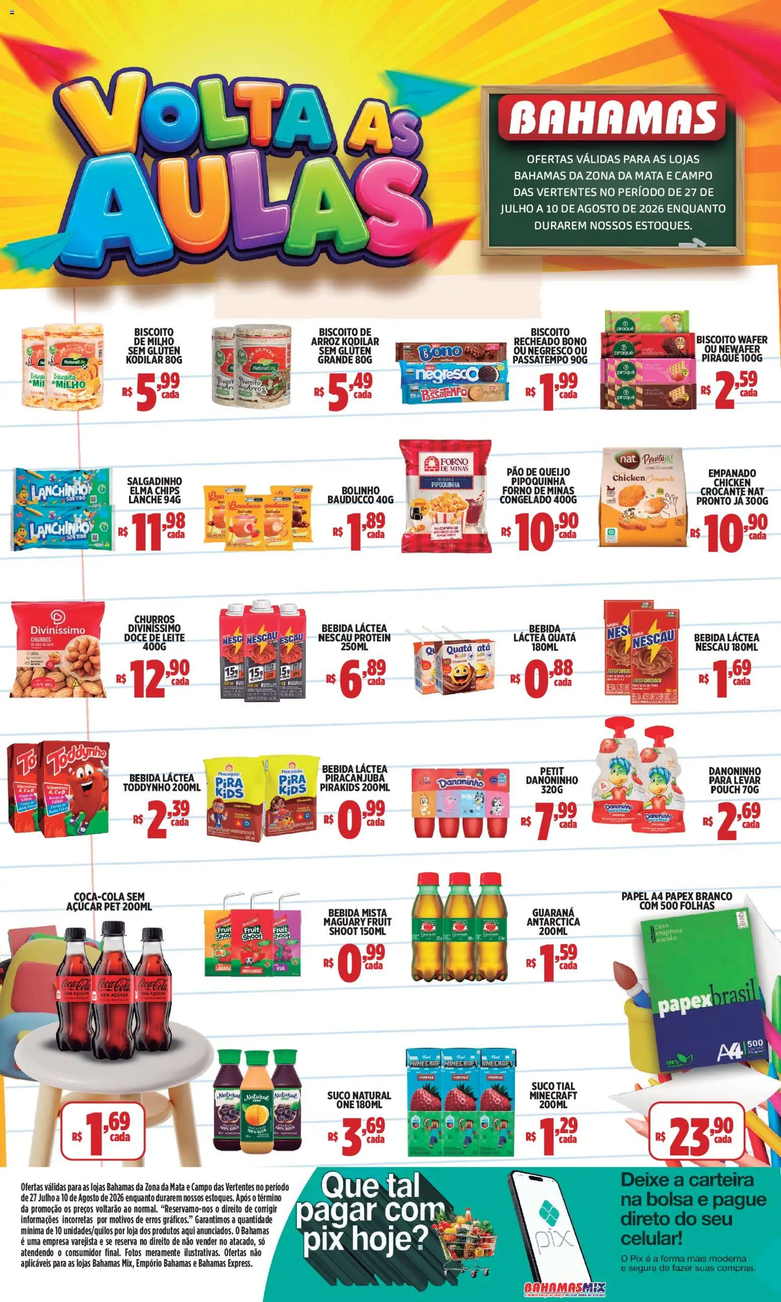 Pré-Visualização do folheto "Bahamas Supermercados ofertas Volta às aulas" da loja Bahamas Supermercados válido a partir de 27/07/2026 - Celular, Doce de leite, Queijo, Suco, Nescau, Cola, Suco natural, Cálcio