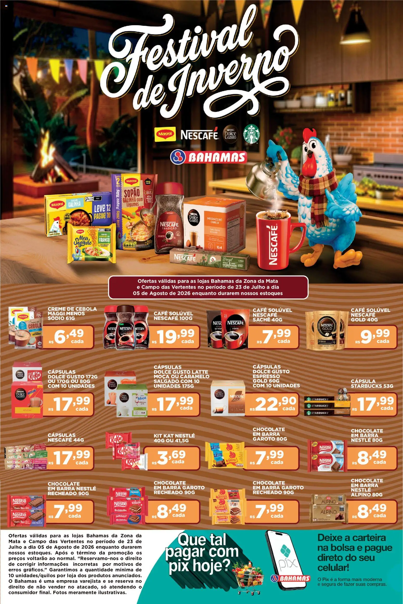 Pré-Visualização do folheto "Bahamas Supermercados ofertas Festival de Inverno Nestlé" da loja Bahamas Supermercados válido a partir de 23/07/2026 - Café, Chocolate, Bolsa, Carteira, Frango, Nescau, Cebola, Cápsulas