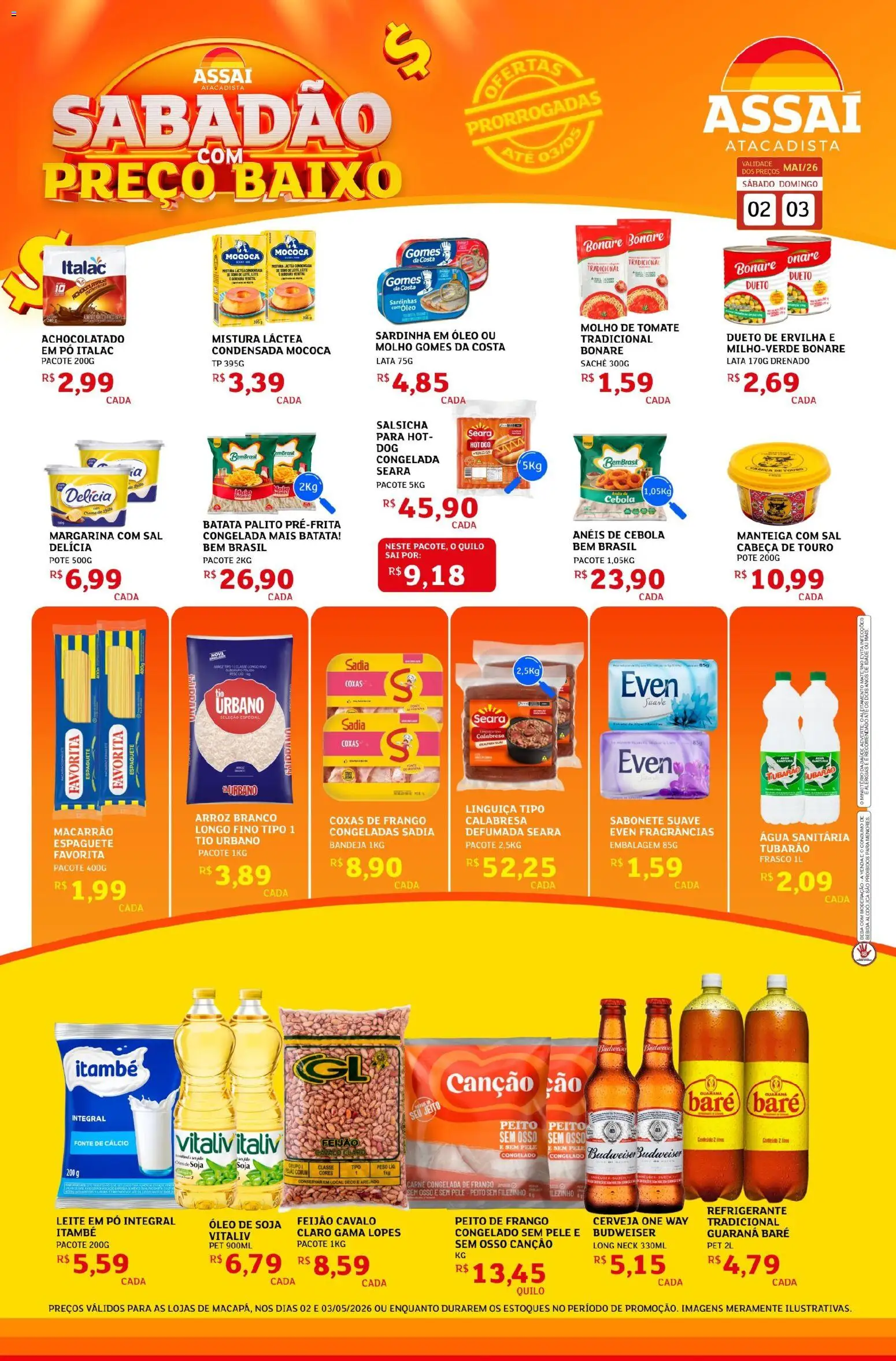 Pré-Visualização do folheto "Assaí Atacadista ofertas - AP" da loja Assaí Atacadista válido a partir de 02/05/2026 - Água, Feijão, Leite, Sabonete, Soja, Manteiga, Baixo, Guaraná