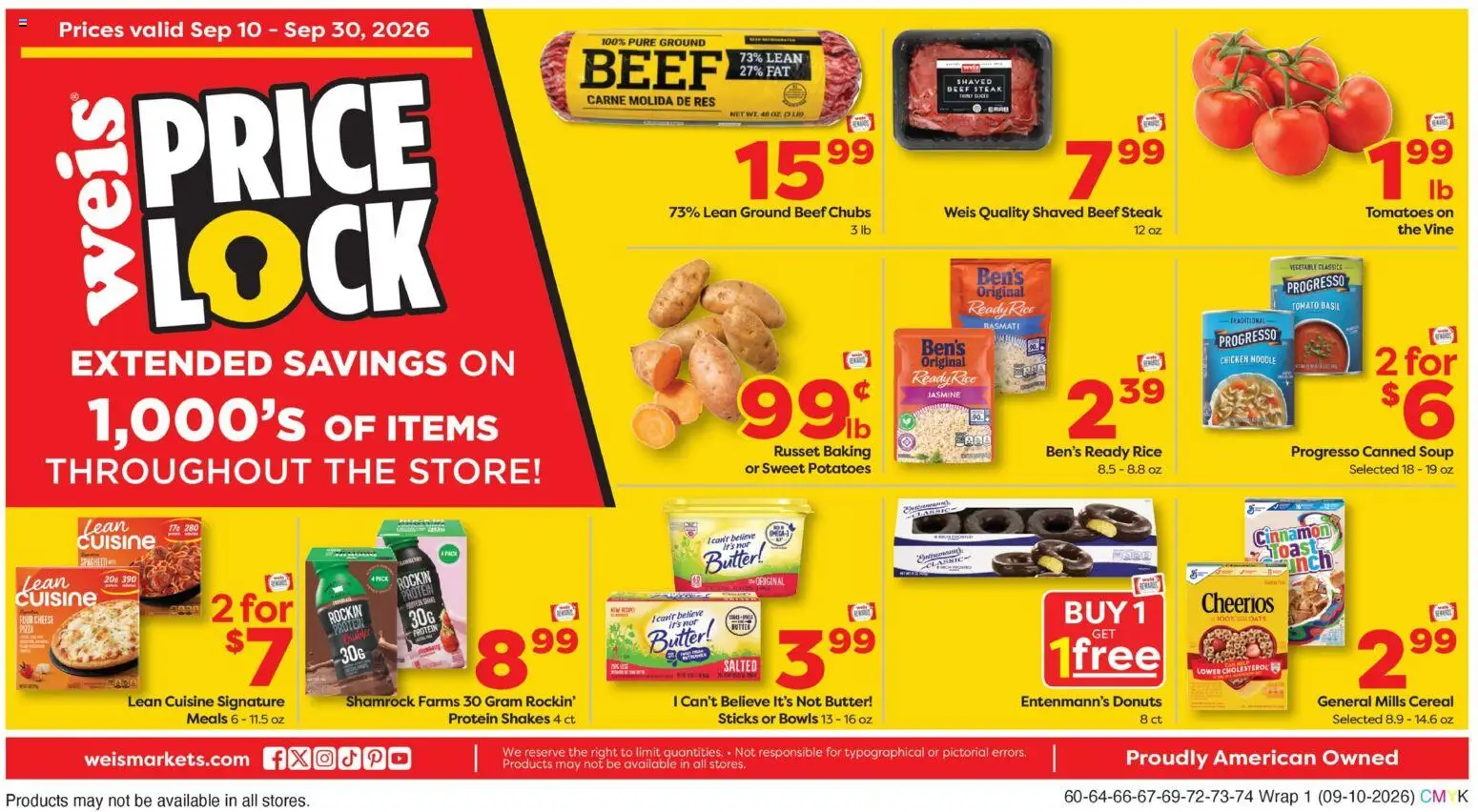 Ad Preview of Weis Weis Weekly Ad from 09/10/2026 - Steak, Tomatoes, Protein, Cereal, Rice, Sweet potatoes, Ground beef, Beef steak