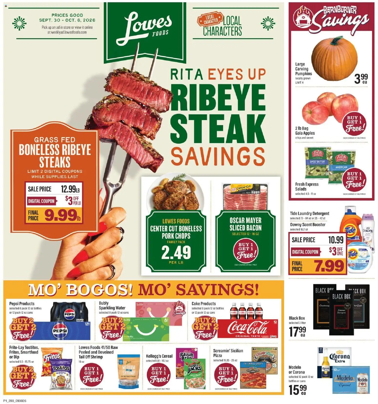 Ad Preview of Lowes Foods Lowes Foods Weekly Ad from 09/30/2026 - Water, Jacks, Cereal, Butter, Pepsi, Bacon, Bag, Laundry detergent