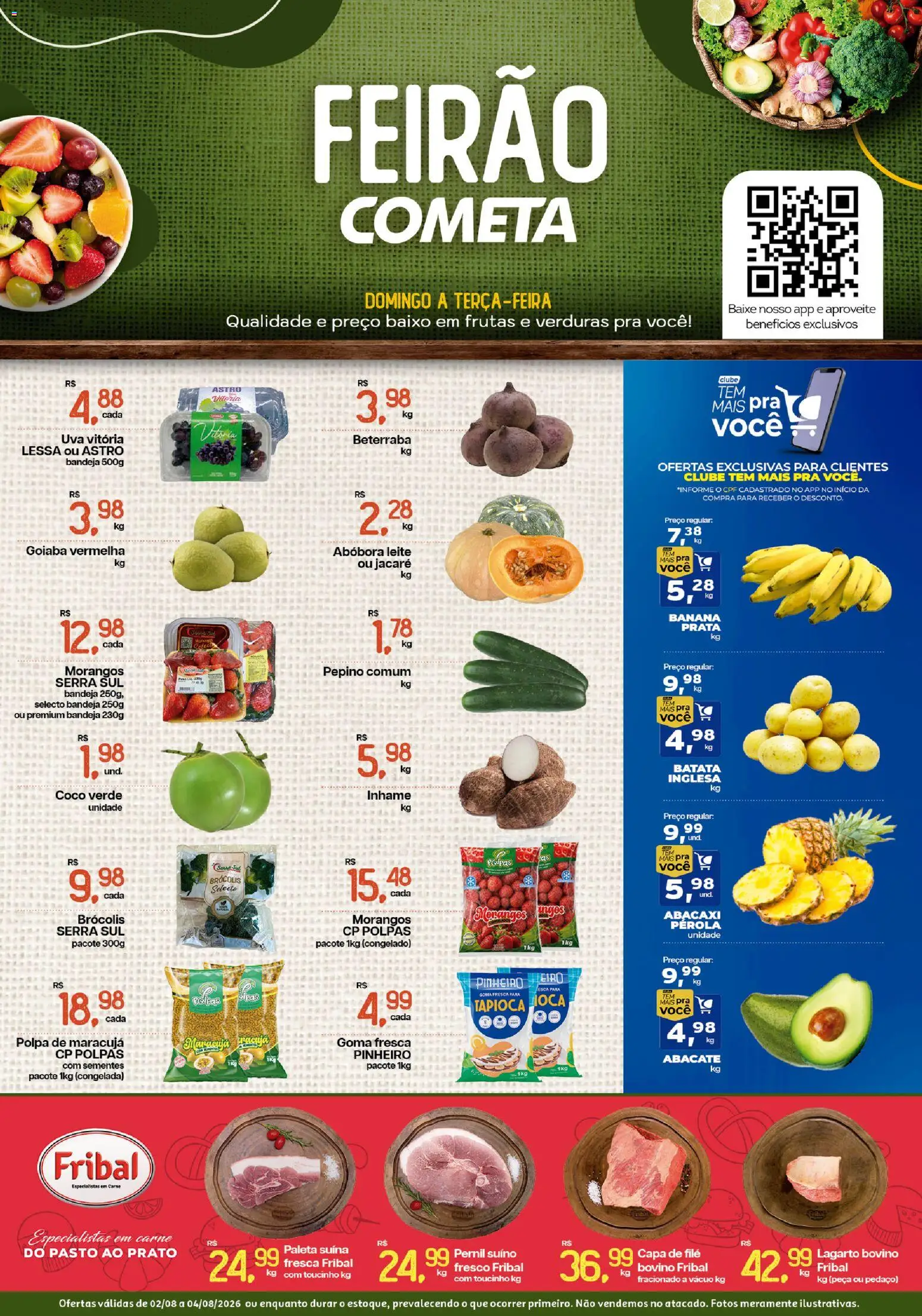 Pré-Visualização do folheto "Cometa Supermercados ofertas Feirão" da loja Cometa Supermercados válido a partir de 02/08/2026 - Inhame, Morangos, Uva, Leite, Goiaba, Beterraba, Baixo, Bandeja