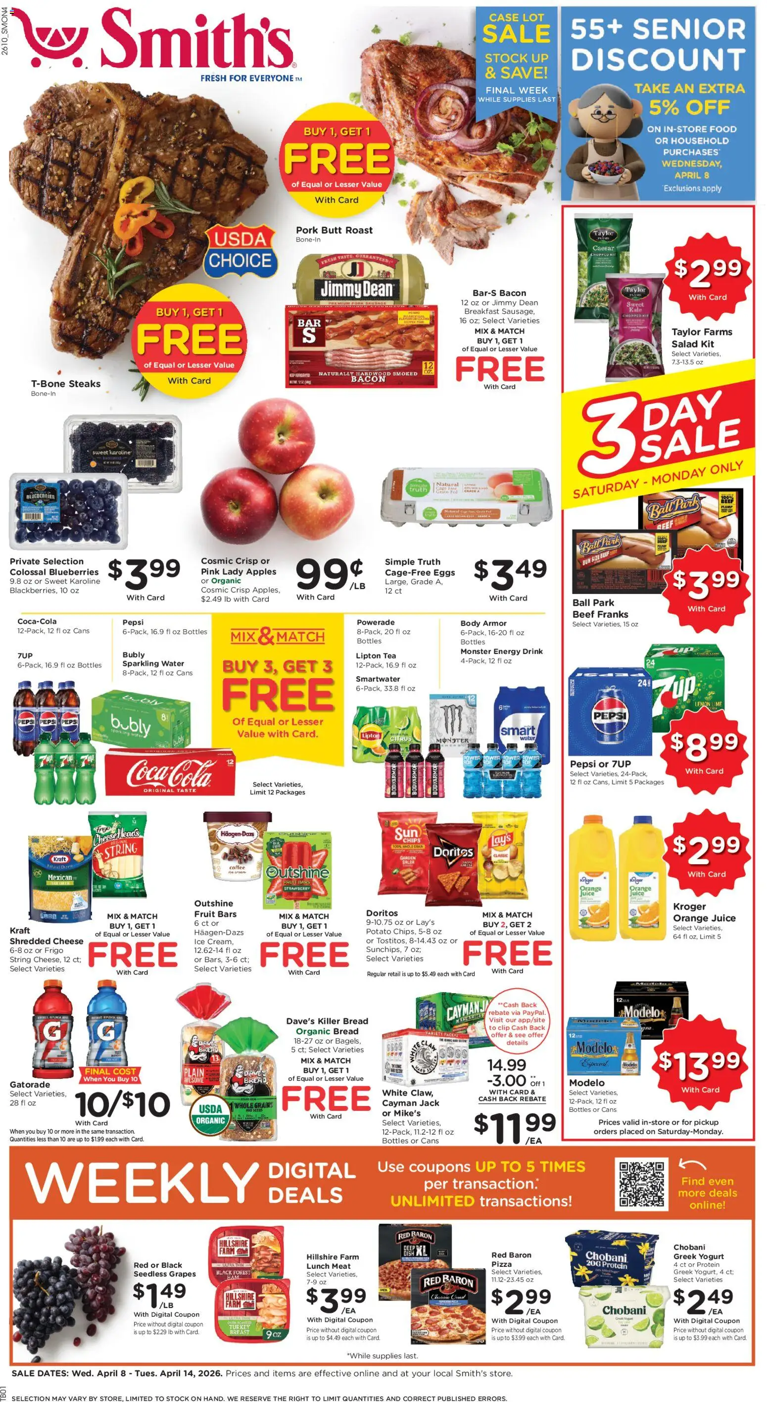 Ad Preview of Smith's Smith's Weekly Ad from 04/08/2026 - Apples, Fruit, Juice, Protein, Pepsi, Bacon, Orange juice, Clip