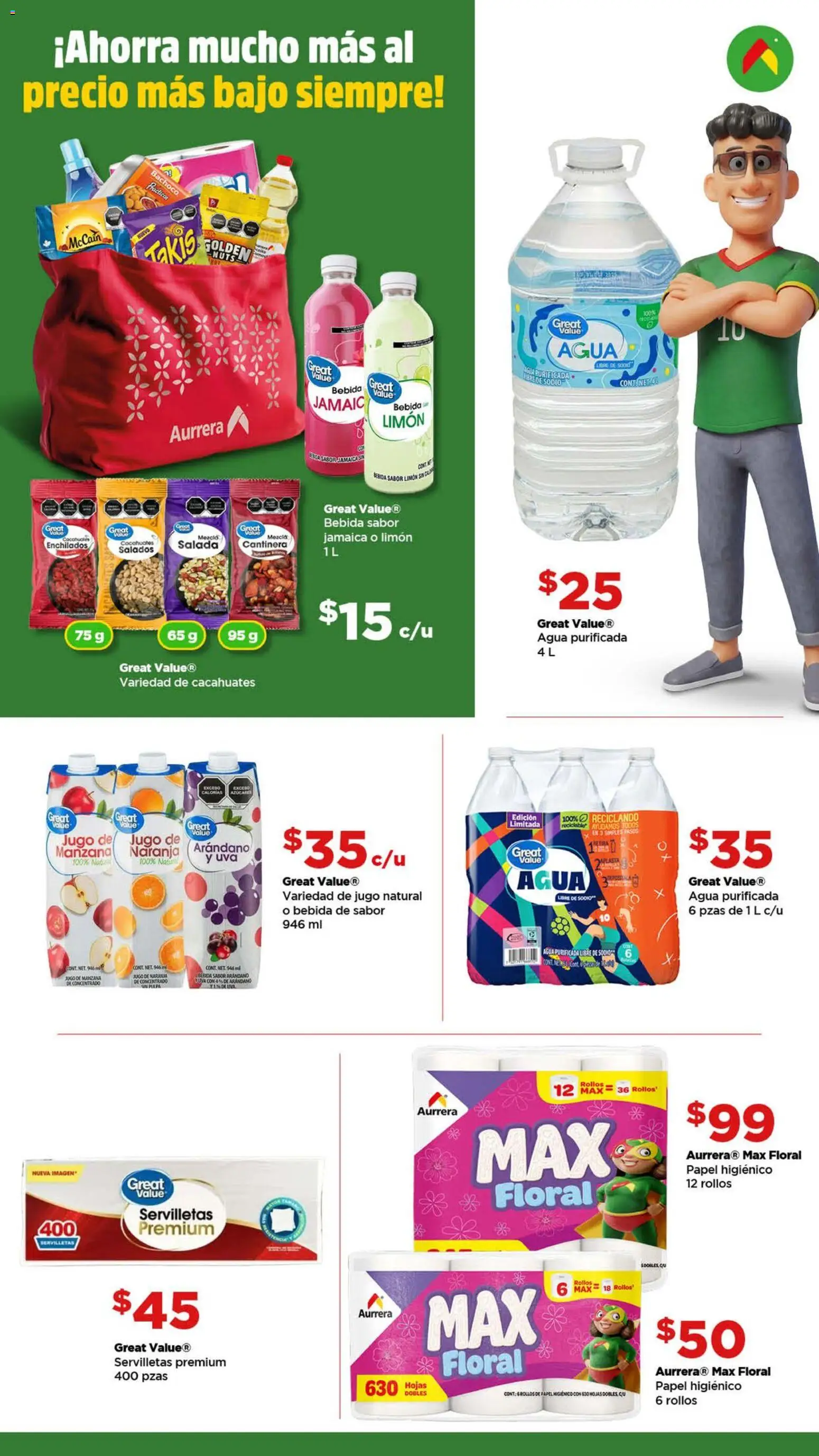 Vista previa las ofertas de la tienda Bodega Aurrerá - Bodega Aurrerá folleto Aprovecha todo para tu desayuno desde el 22/04/2026 - Agua, Manzana, Jugo, Uva, Cacahuates, Papel higiénico, Jugo de naranja, Servilletas