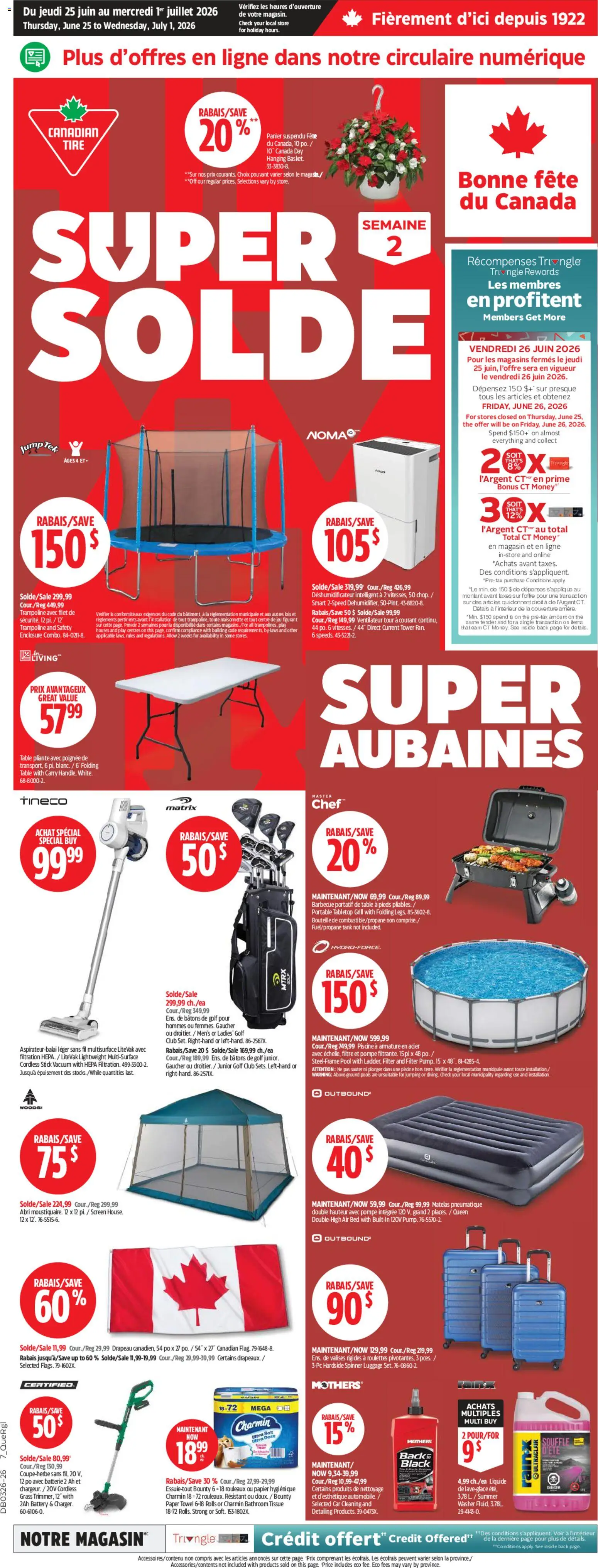 Preview of leaflet Canadian Tire circulaire from shop Canadian Tire is valid from Jun 25, 2026 - Trampoline, Bed, Luggage, Battery, Grill, Folding table, Table