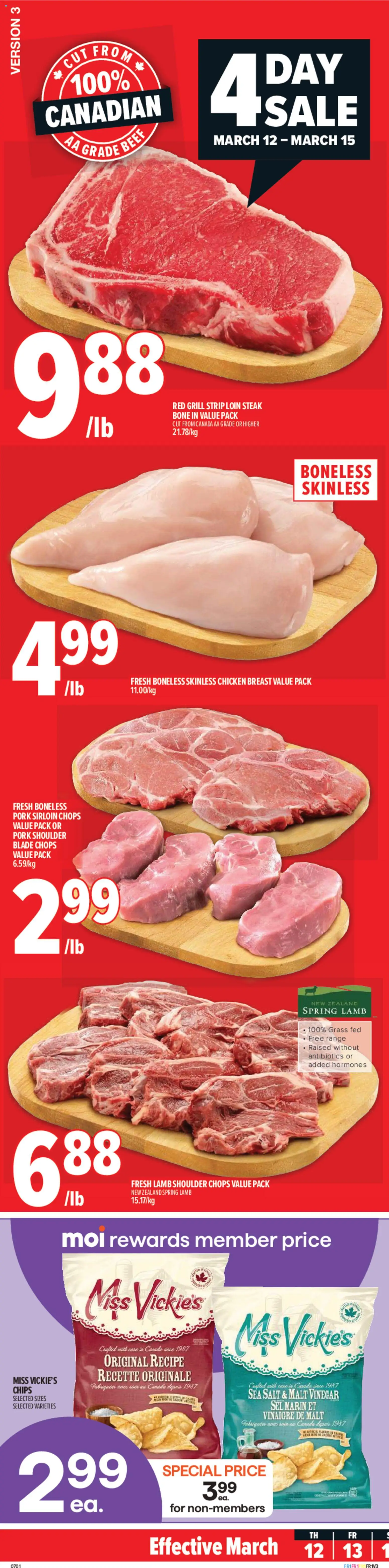 Preview of leaflet Metro weekly flyer - Montréal from shop Metro is valid from Mar 12, 2026 - Chicken, Steak, Chips, Lamb, Salt, Chicken breast, Vinegar, Pork shoulder