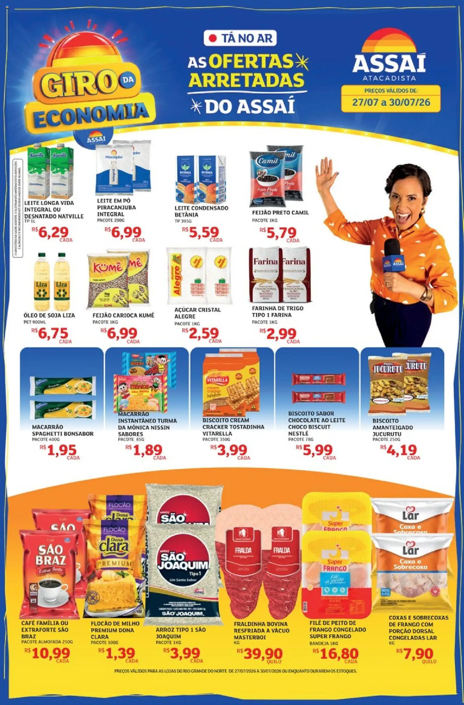 Pré-Visualização do folheto "Assaí Atacadista ofertas - RN" da loja Assaí Atacadista válido a partir de 27/07/2026 - Chocolate, Arroz, Feijão, Biscoito, Leite em pó, Farinha de trigo, Fraldinha, Pó